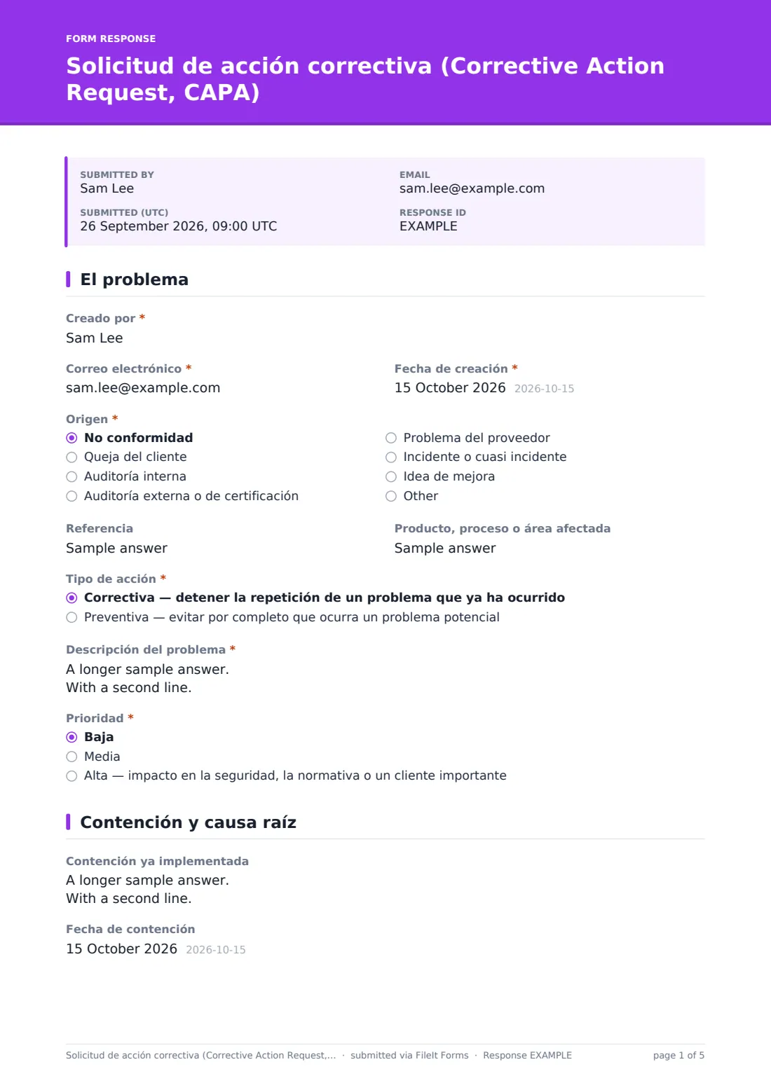 Solicitud de acción correctiva (Corrective Action Request, CAPA) — PDF de respuesta de ejemplo, página 1 de 5