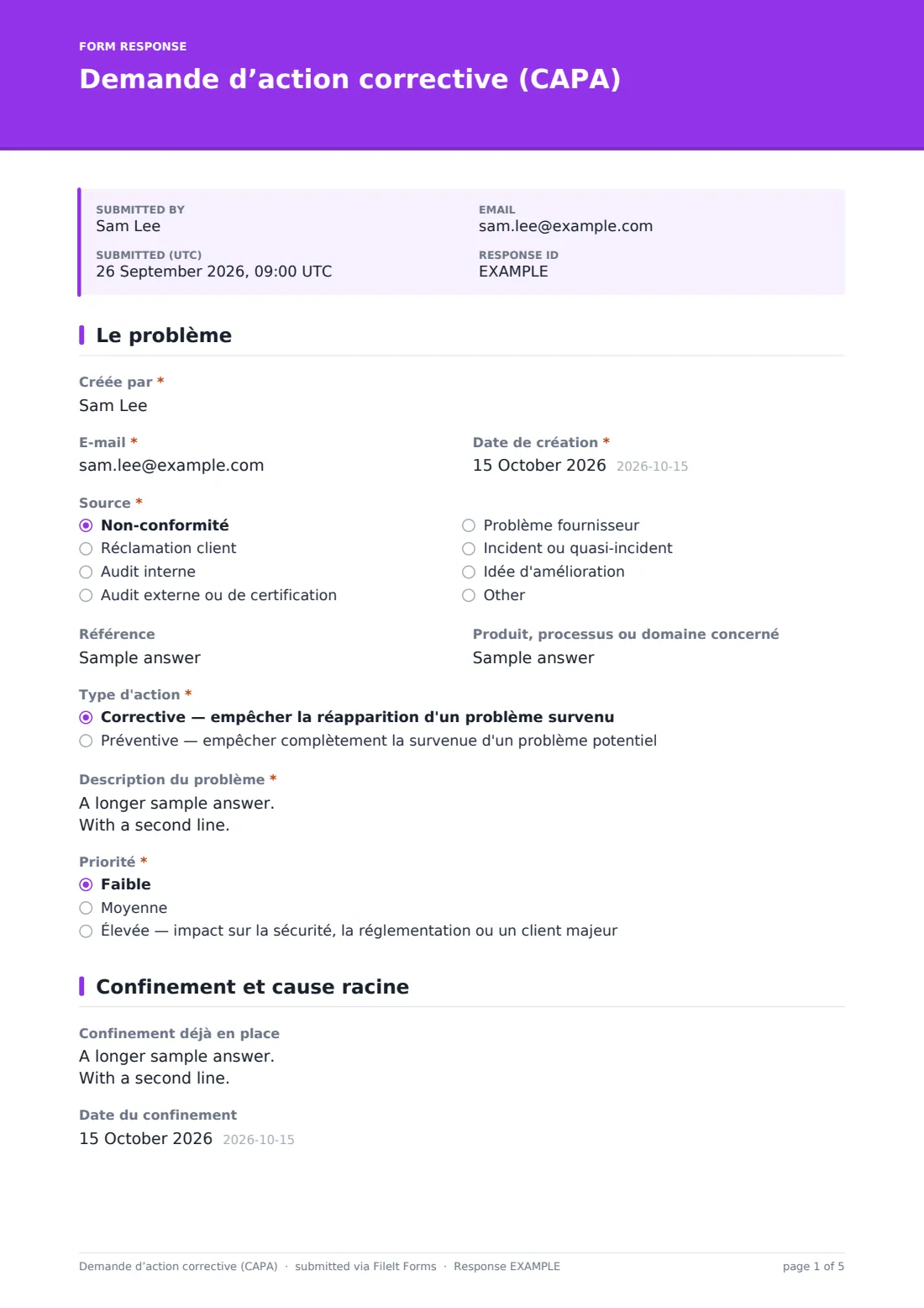 Demande d’action corrective (CAPA) — exemple de réponse au format PDF, page 1 sur 5