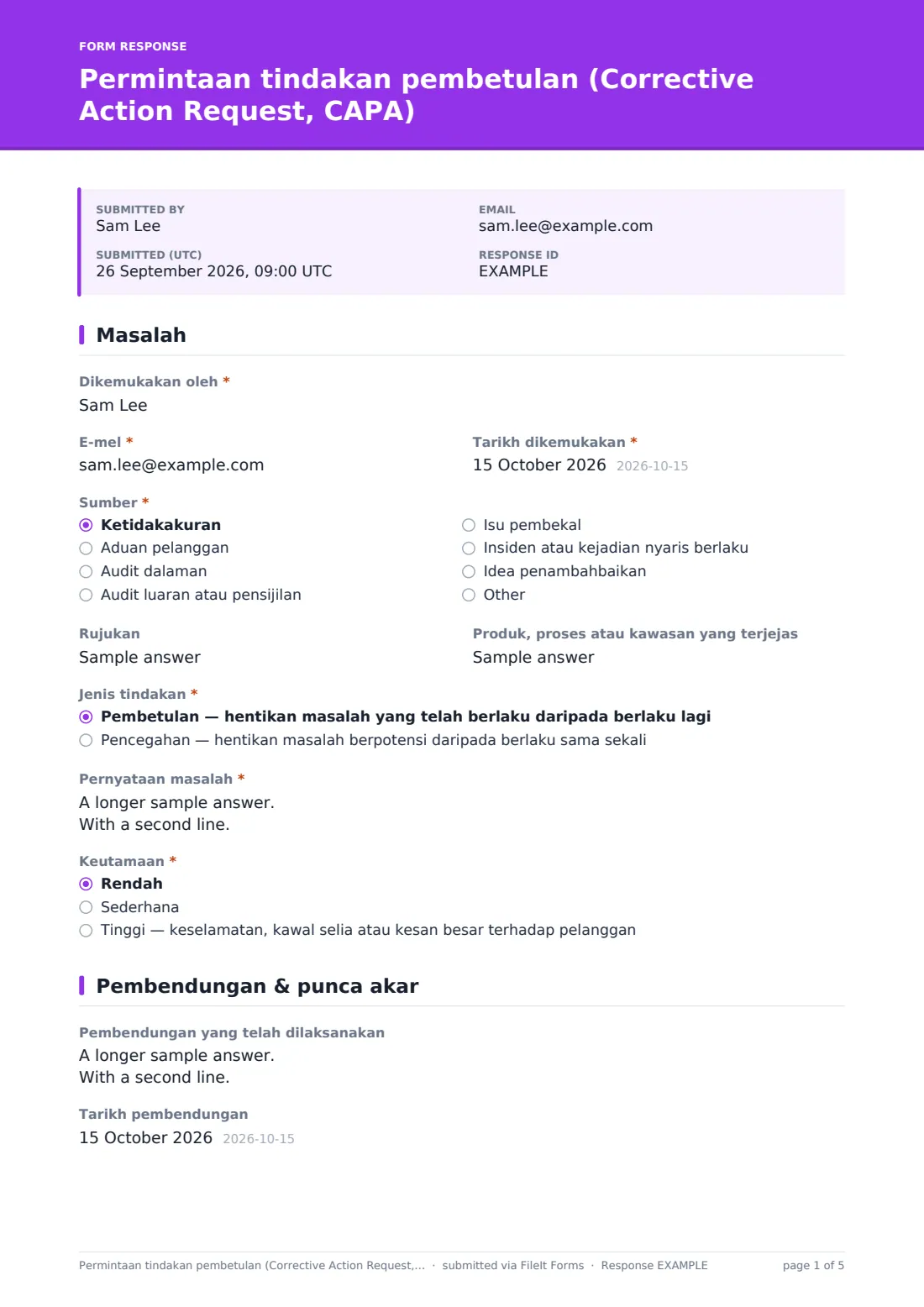 Permintaan tindakan pembetulan (Corrective Action Request, CAPA) — PDF respons contoh, halaman 1 daripada 5