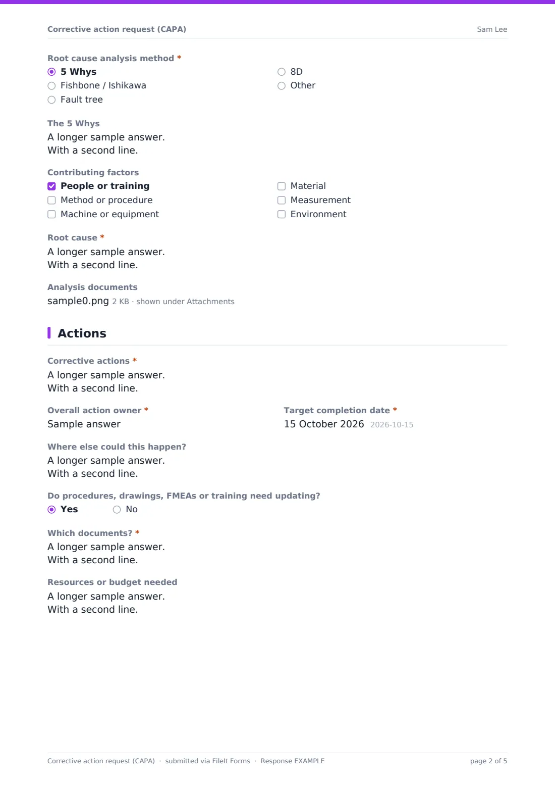 Corrective action request (CAPA) — example response PDF, page 2 of 5