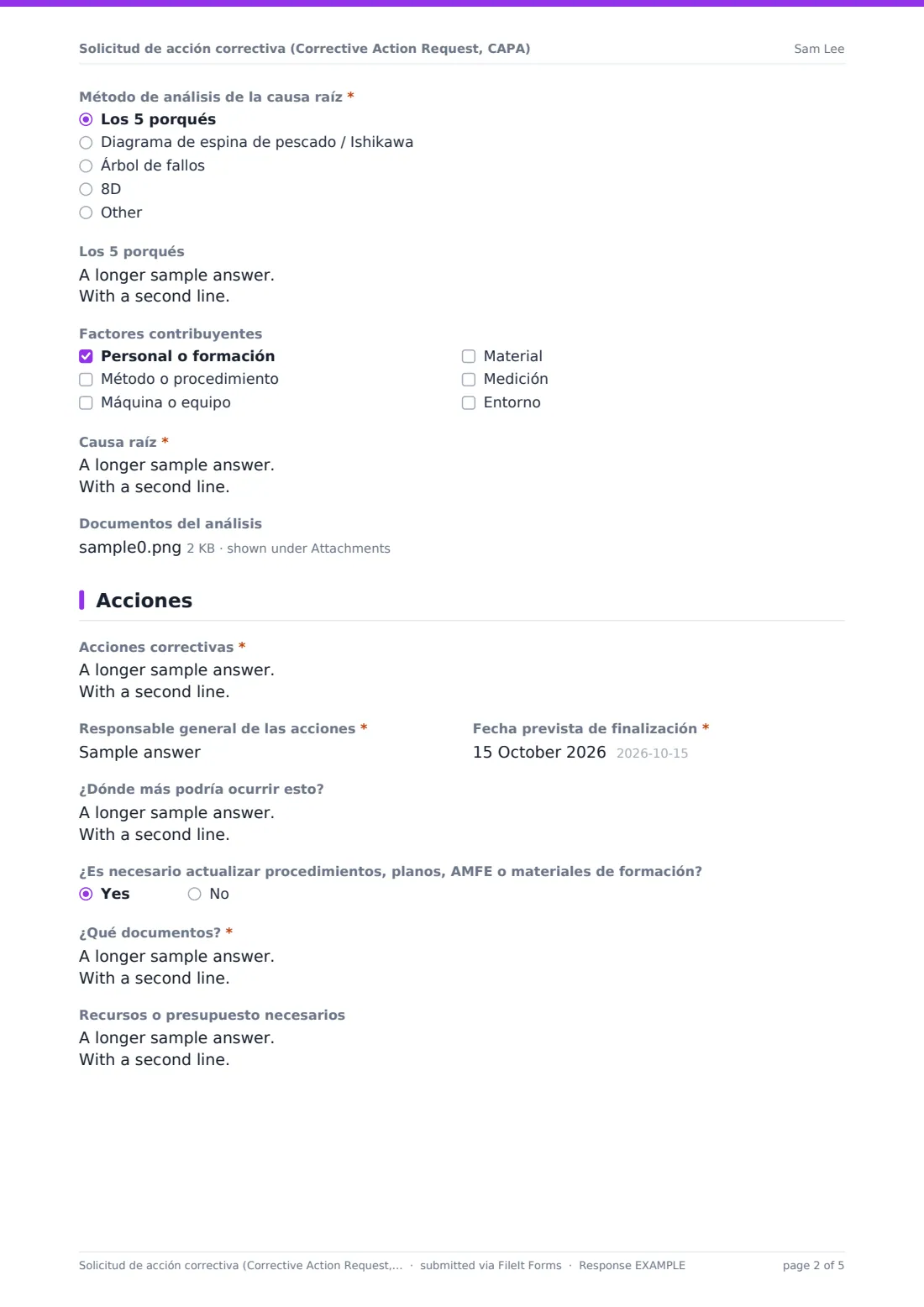 Solicitud de acción correctiva (Corrective Action Request, CAPA) — PDF de respuesta de ejemplo, página 2 de 5