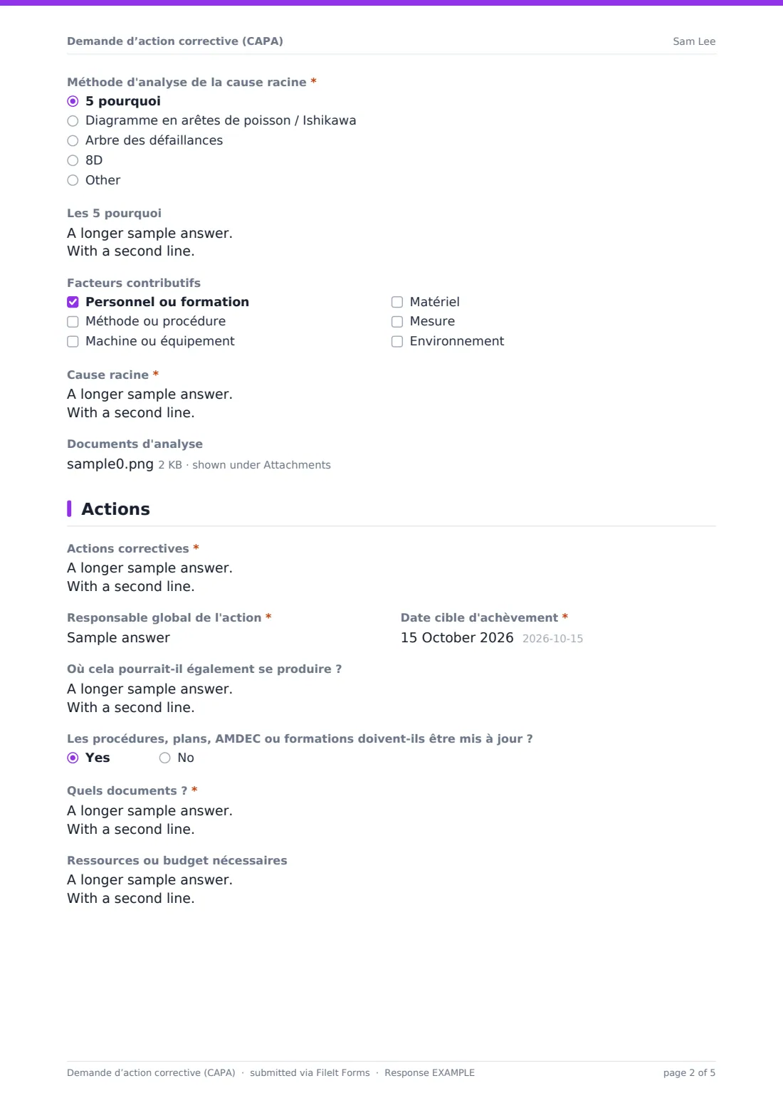 Demande d’action corrective (CAPA) — exemple de réponse au format PDF, page 2 sur 5