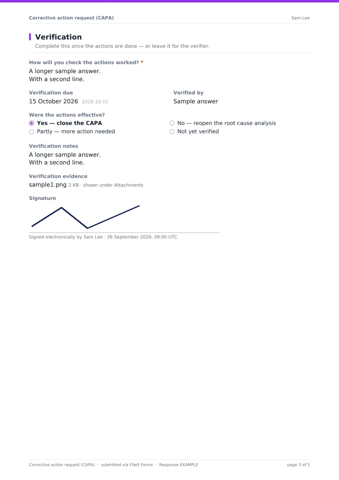 Corrective action request (CAPA) — example response PDF, page 3 of 5