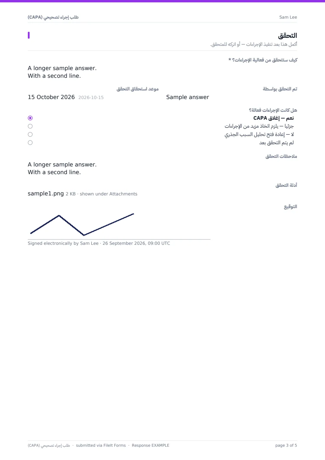 طلب إجراء تصحيحي (CAPA) — ملف PDF لرد نموذجي، الصفحة 3 من 5