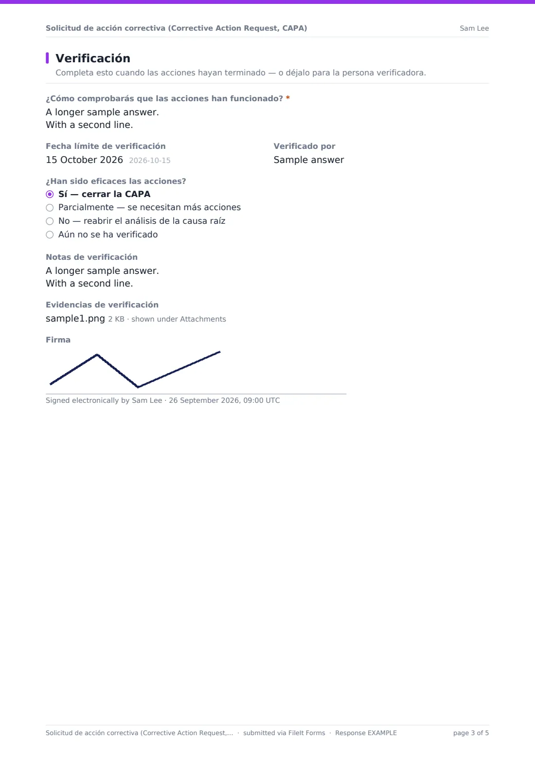 Solicitud de acción correctiva (Corrective Action Request, CAPA) — PDF de respuesta de ejemplo, página 3 de 5