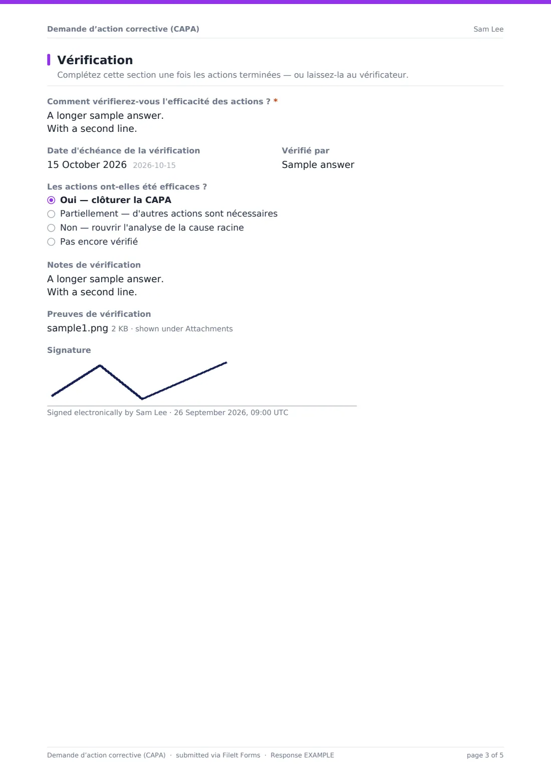 Demande d’action corrective (CAPA) — exemple de réponse au format PDF, page 3 sur 5