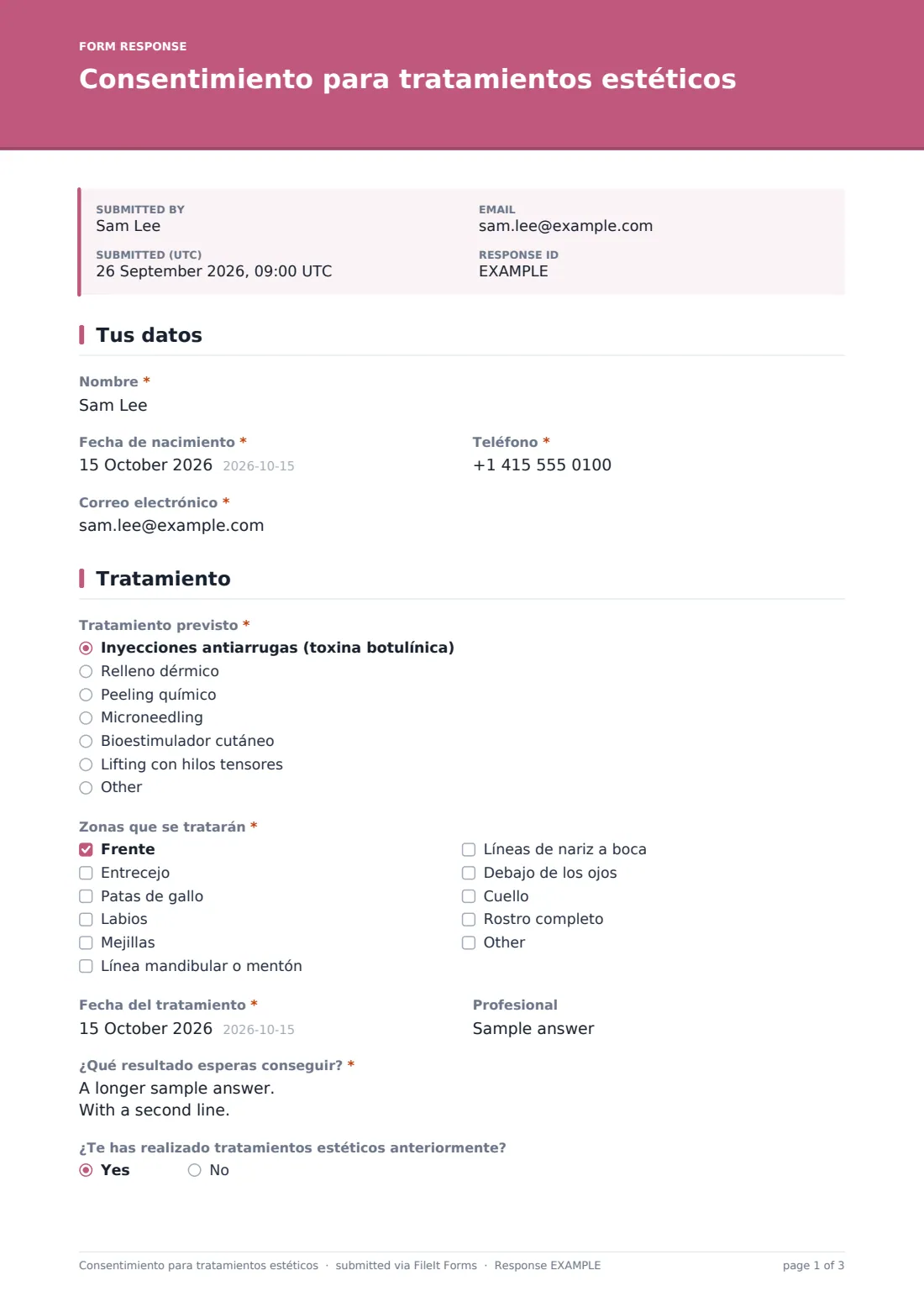 Consentimiento para tratamientos estéticos — PDF de respuesta de ejemplo, página 1 de 3