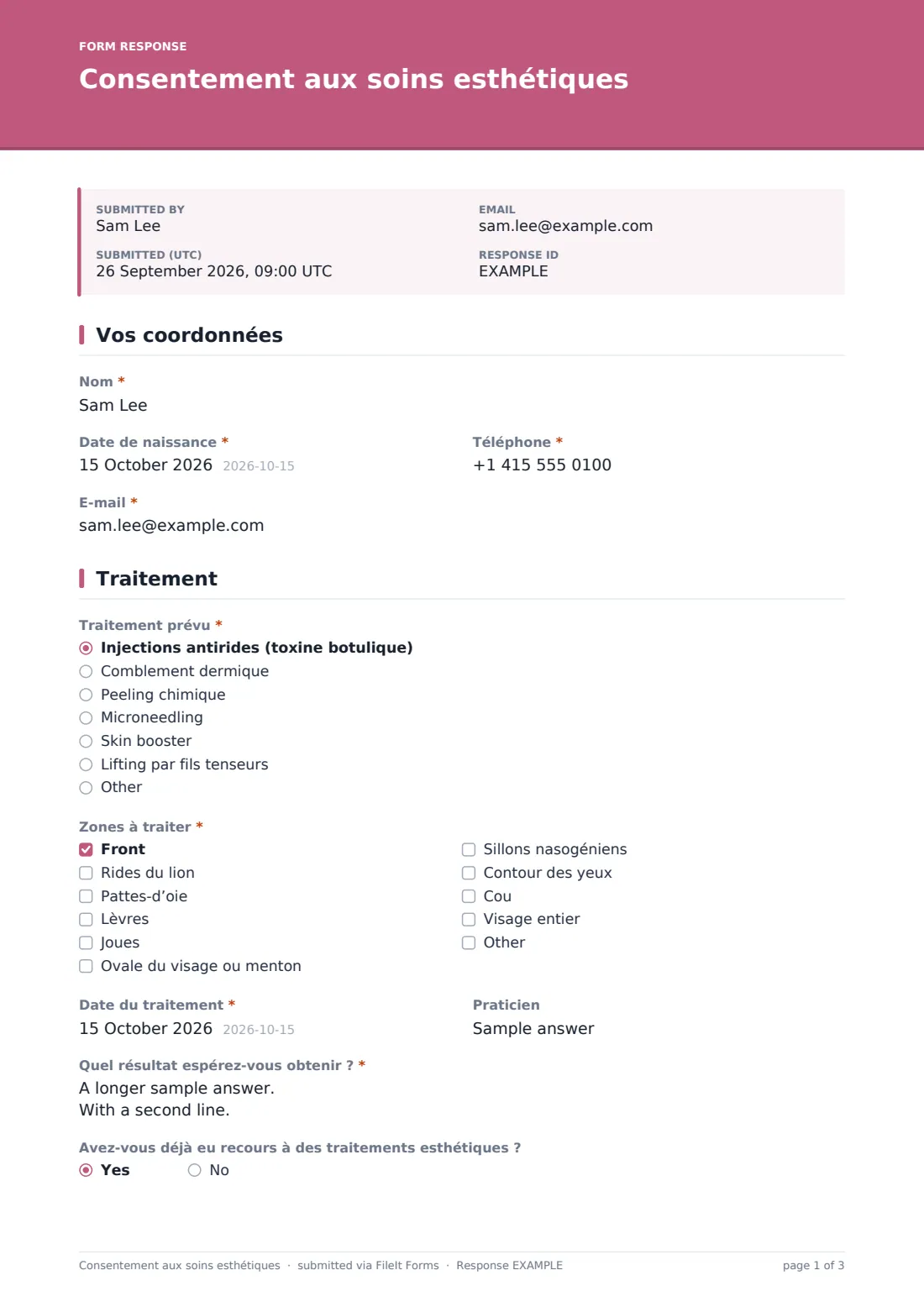 Consentement aux soins esthétiques — exemple de réponse au format PDF, page 1 sur 3