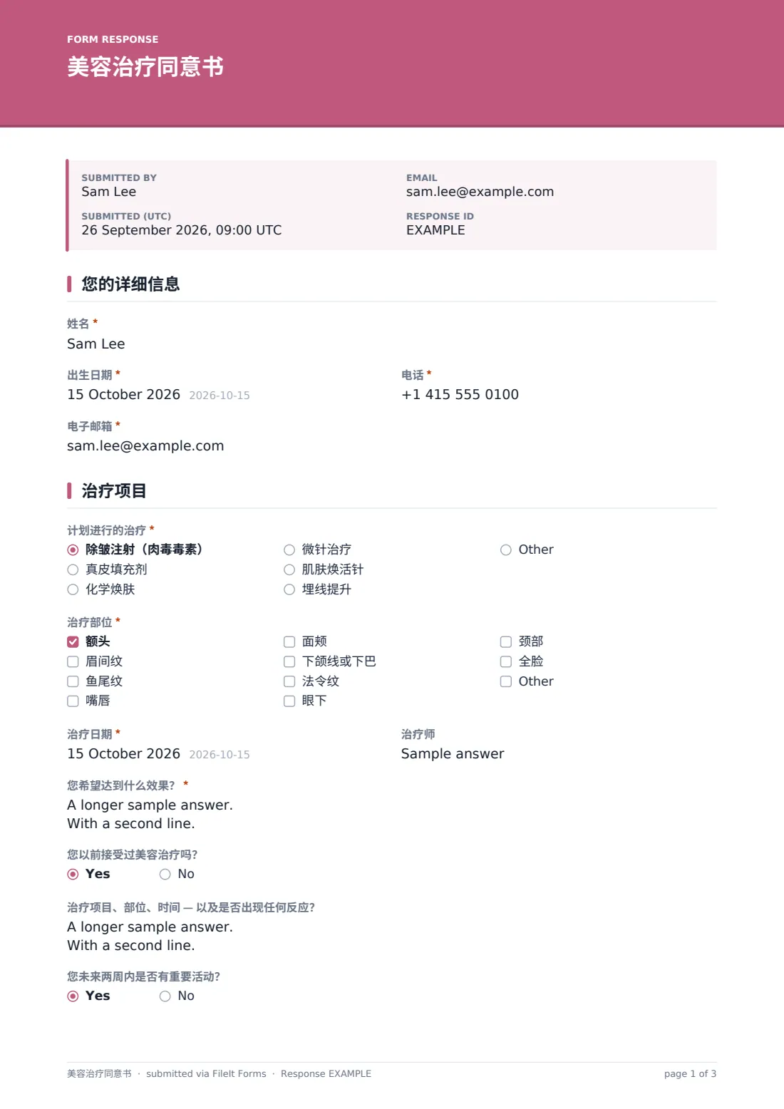 美容治疗同意书 — 示例回复 PDF，第 1 页，共 3 页