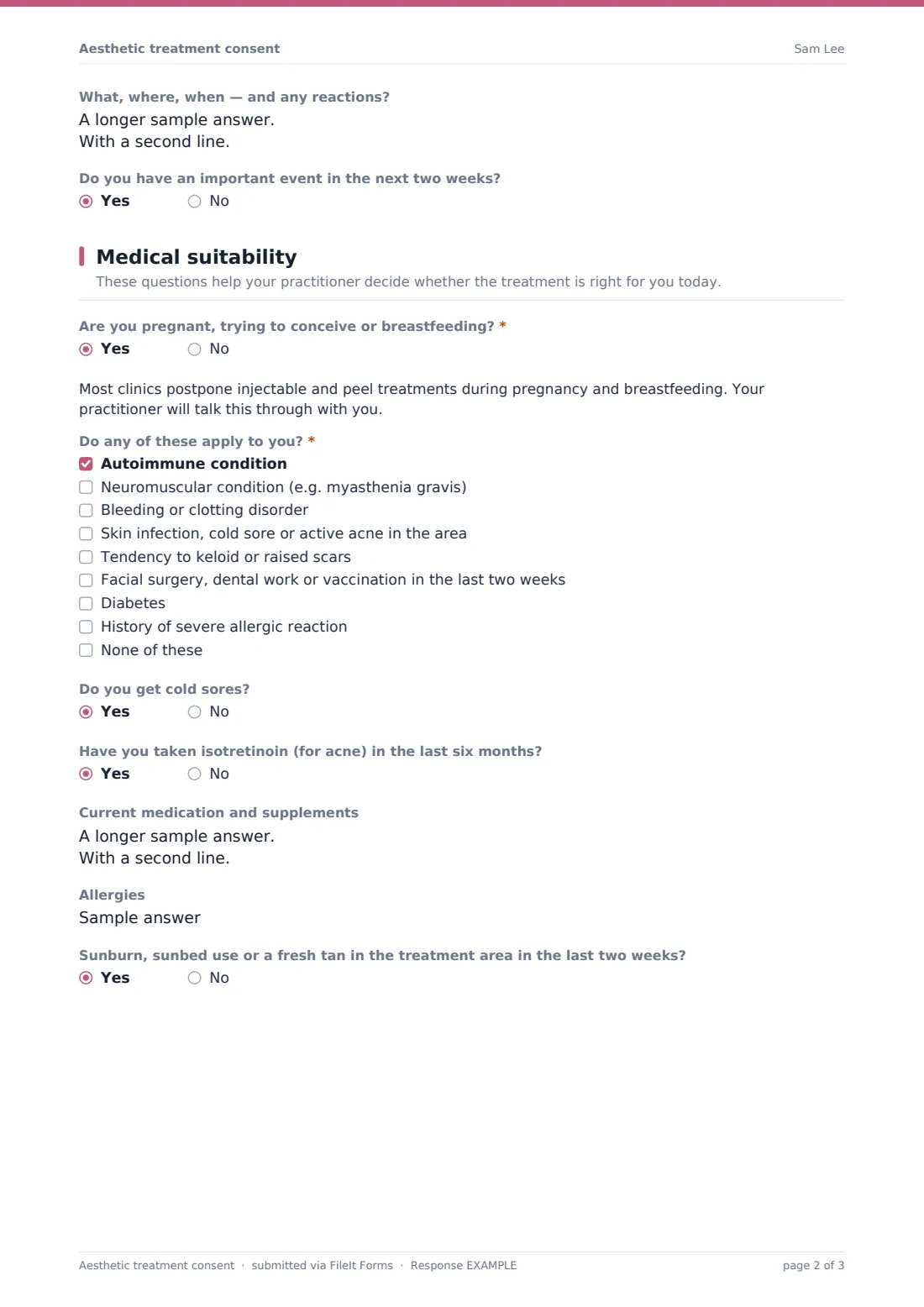 Aesthetic treatment consent — example response PDF, page 2 of 3