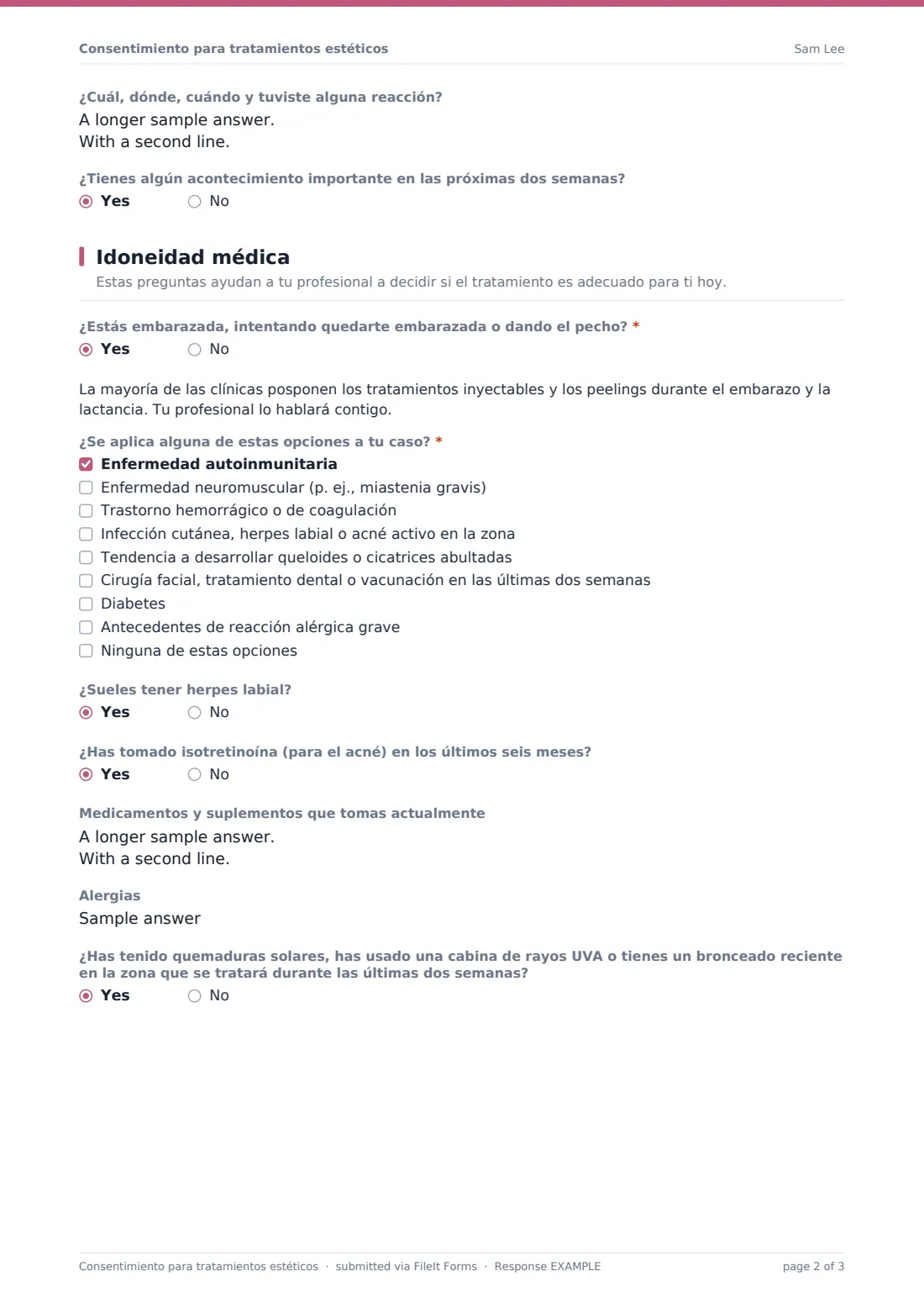 Consentimiento para tratamientos estéticos — PDF de respuesta de ejemplo, página 2 de 3
