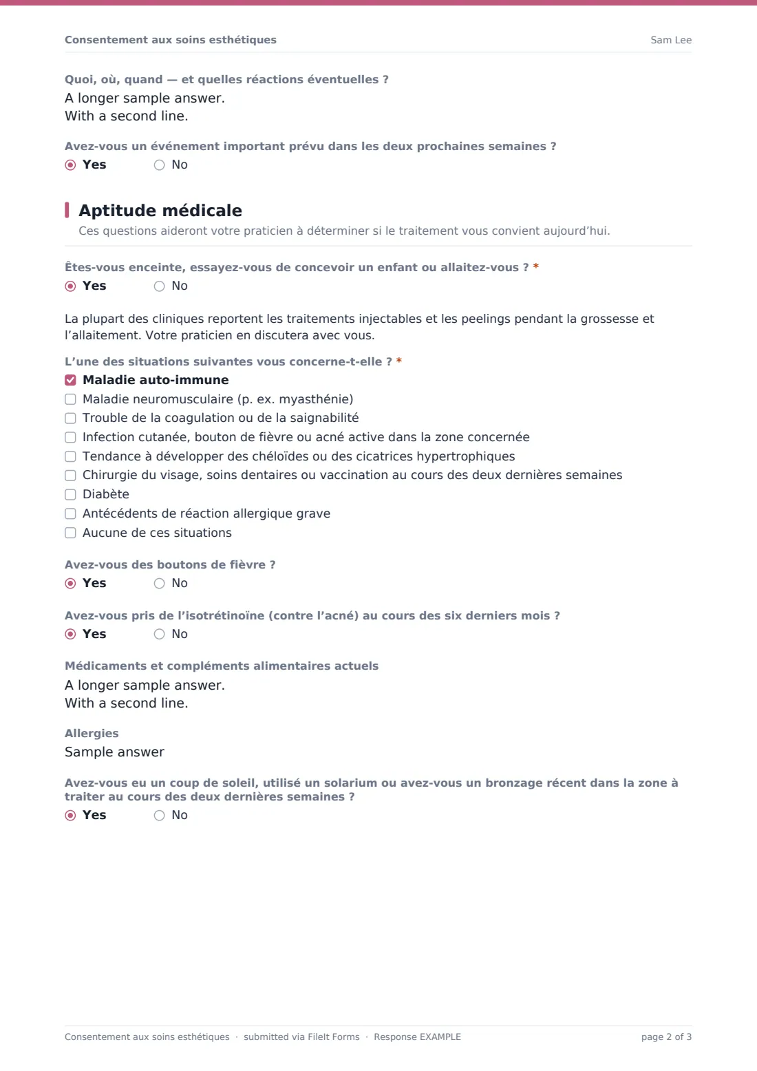 Consentement aux soins esthétiques — exemple de réponse au format PDF, page 2 sur 3