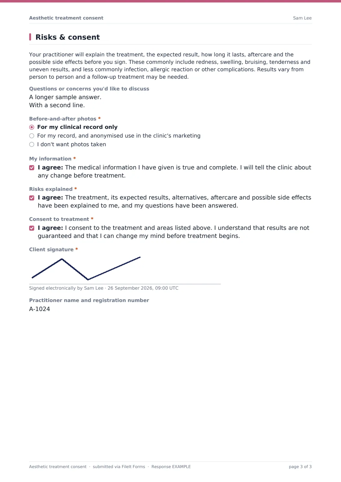Aesthetic treatment consent — example response PDF, page 3 of 3