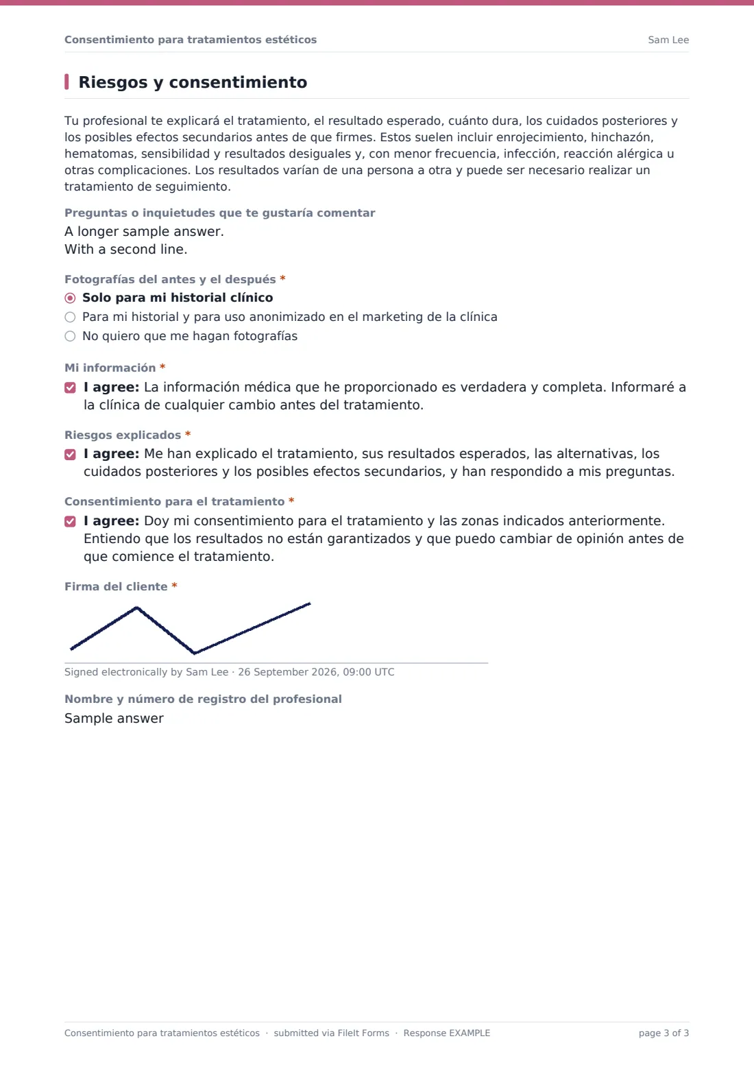Consentimiento para tratamientos estéticos — PDF de respuesta de ejemplo, página 3 de 3