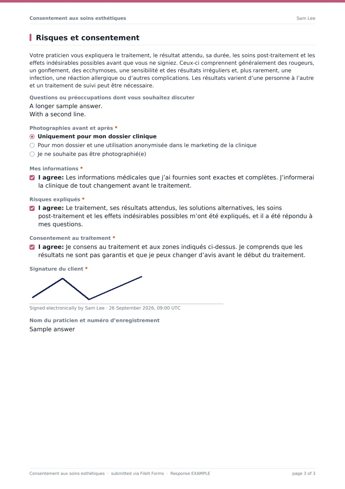 Consentement aux soins esthétiques — exemple de réponse au format PDF, page 3 sur 3