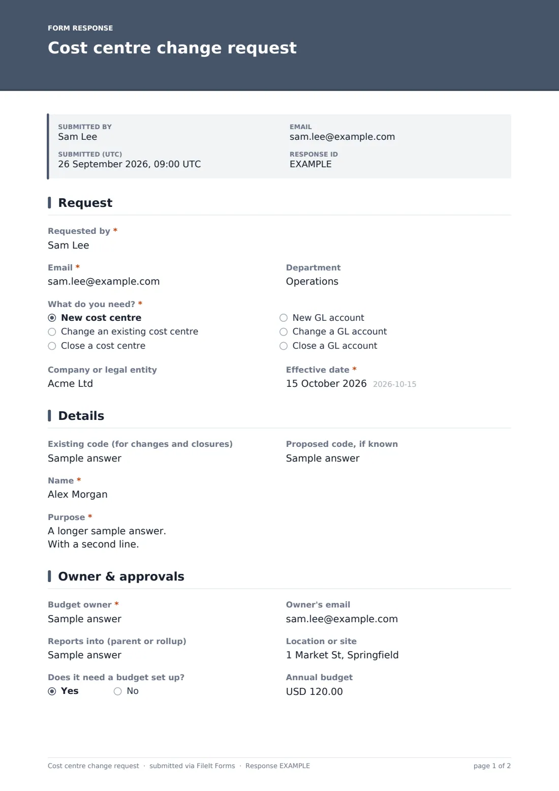 Cost centre change request — example response PDF, page 1 of 2
