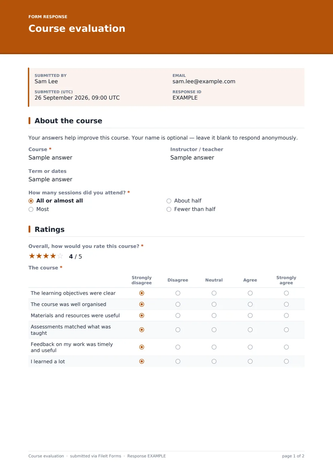 Course evaluation — example response PDF, page 1 of 2
