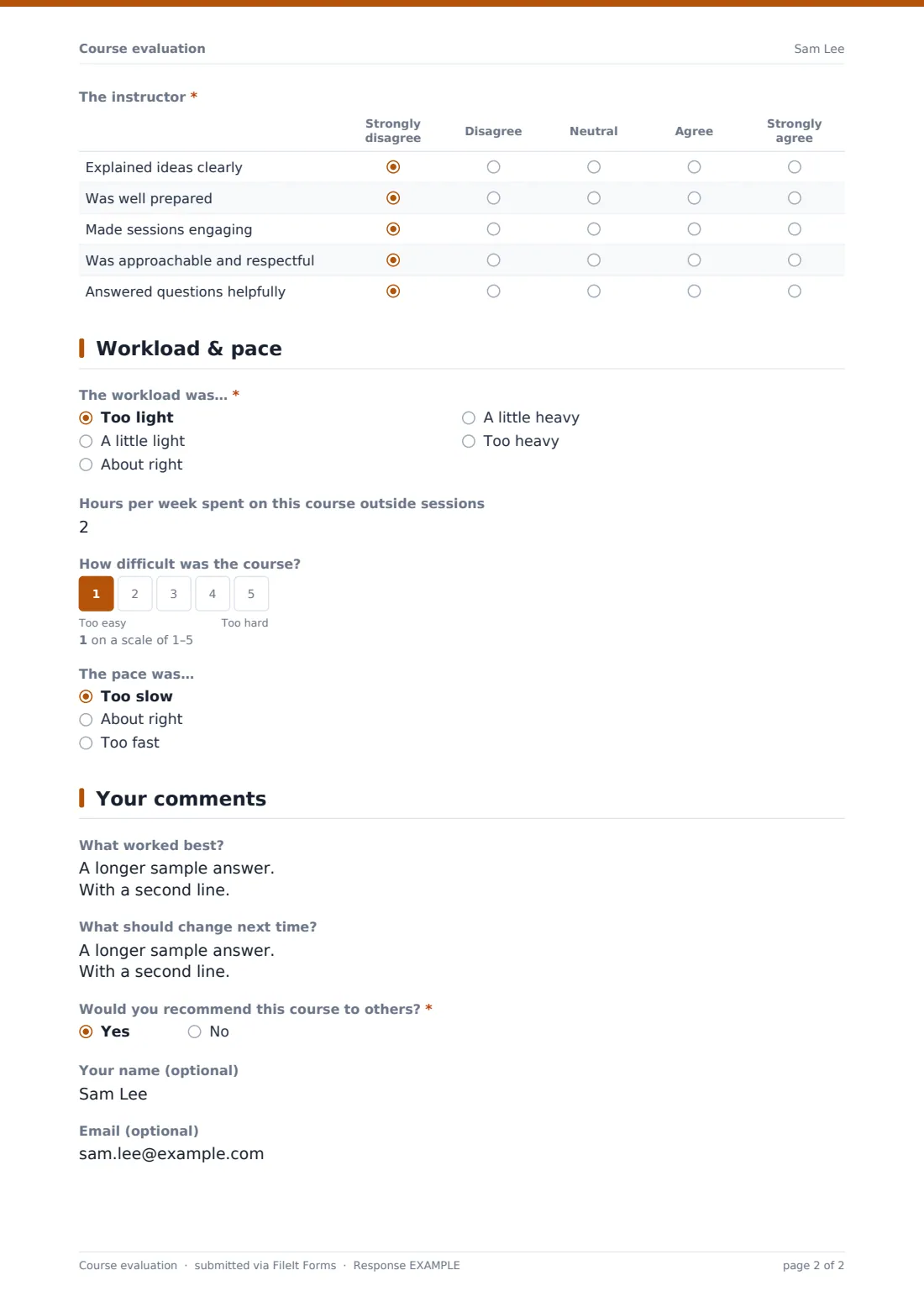 Course evaluation — example response PDF, page 2 of 2