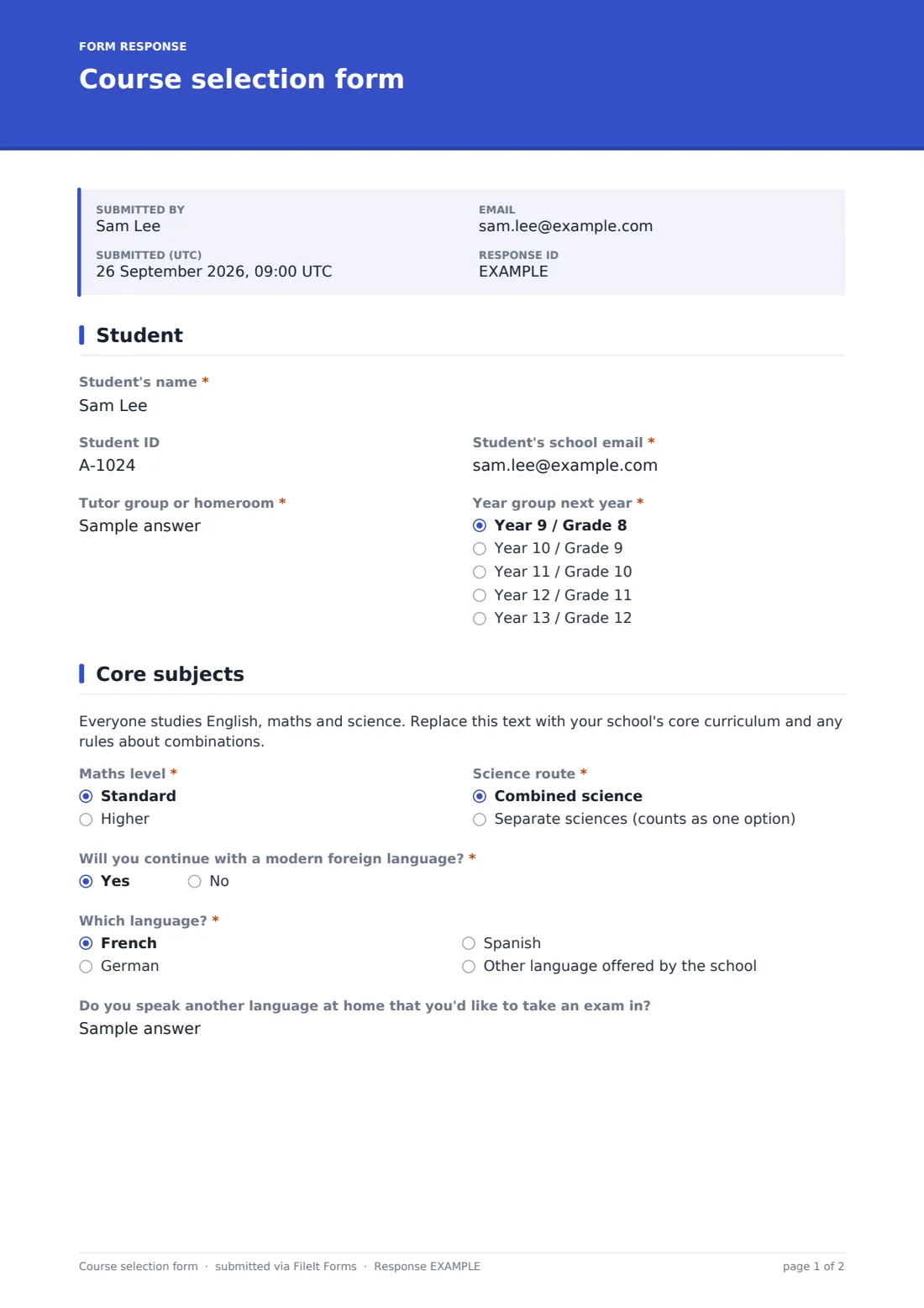 Course selection form — example response PDF, page 1 of 2