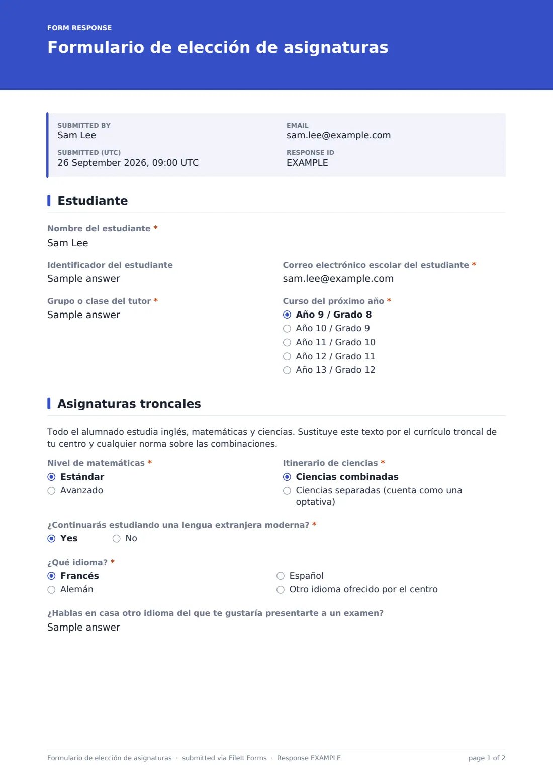 Formulario de elección de asignaturas — PDF de respuesta de ejemplo, página 1 de 2