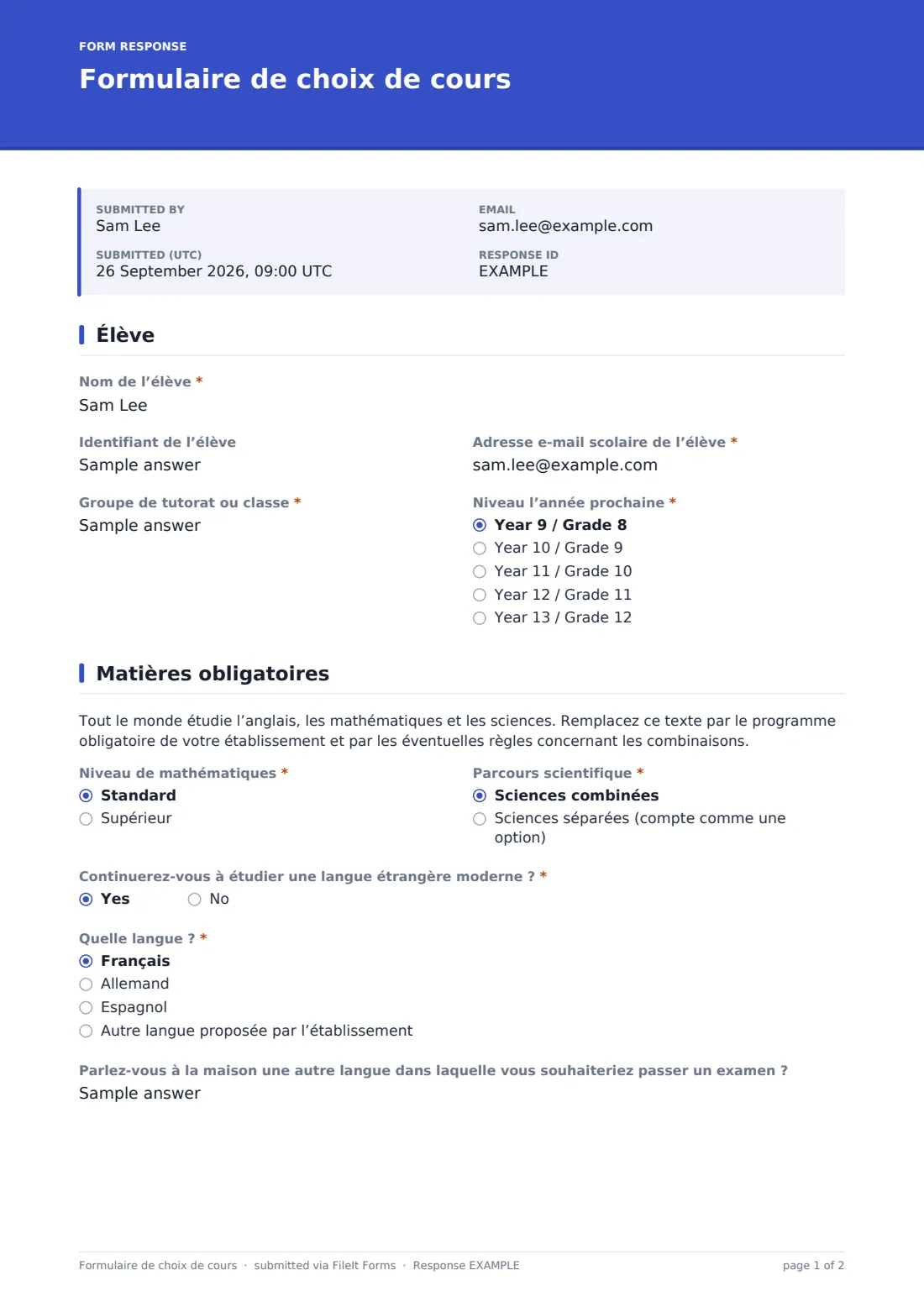 Formulaire de choix de cours — exemple de réponse au format PDF, page 1 sur 2