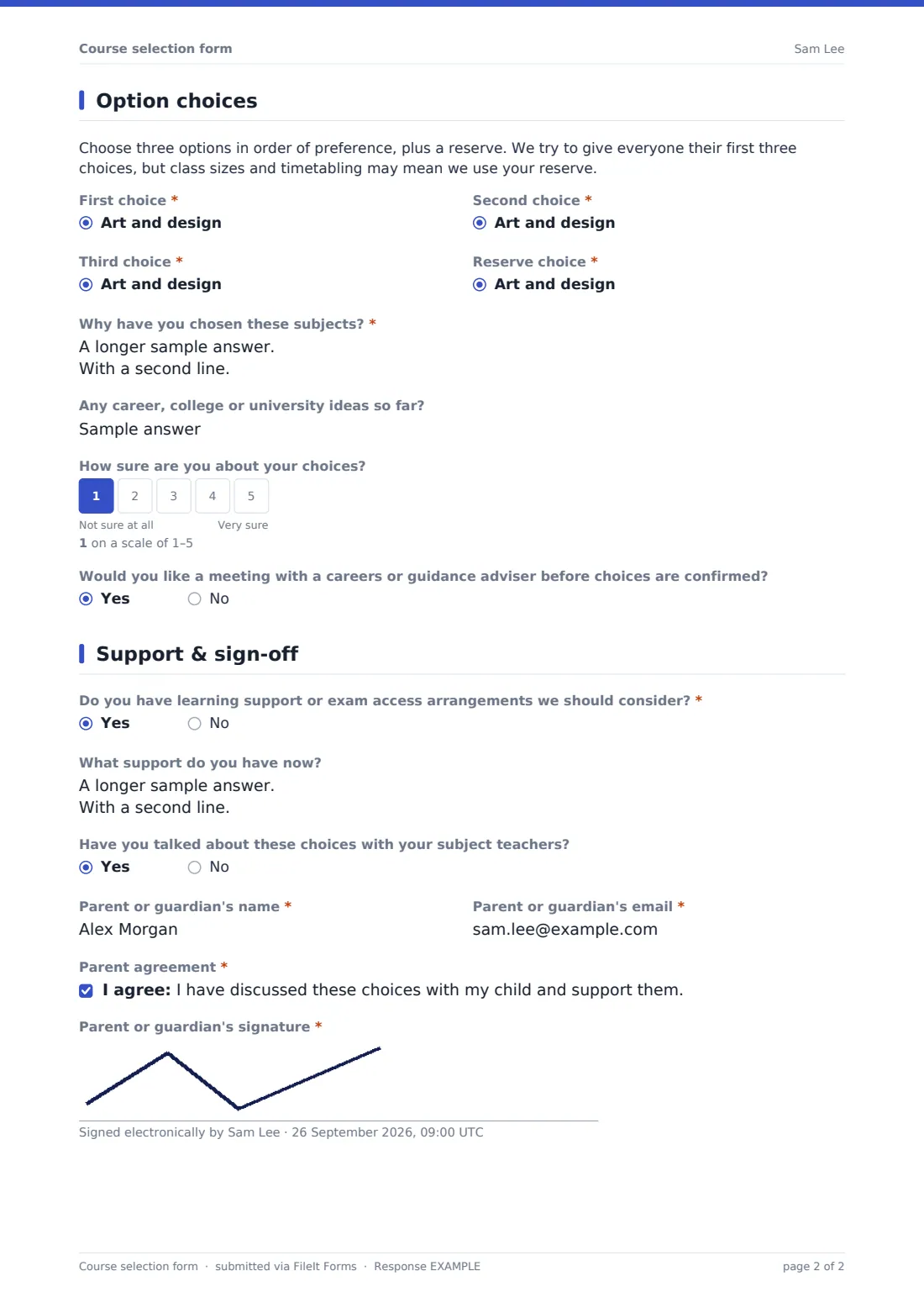 Course selection form — example response PDF, page 2 of 2