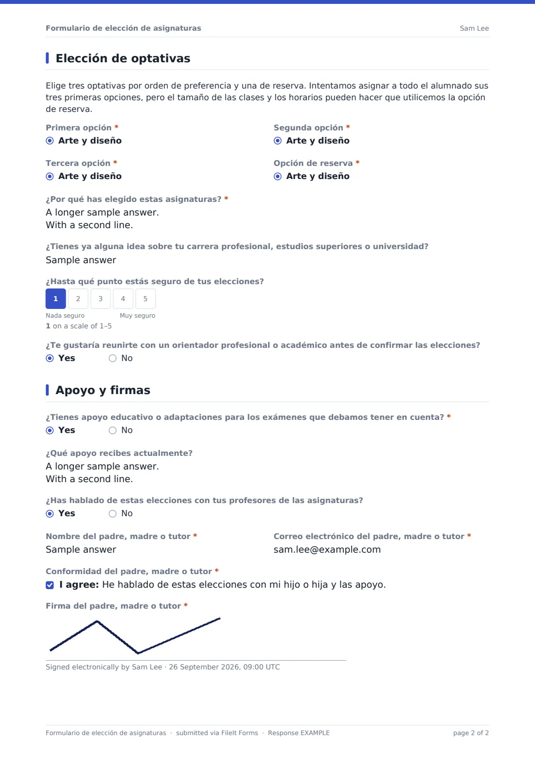 Formulario de elección de asignaturas — PDF de respuesta de ejemplo, página 2 de 2