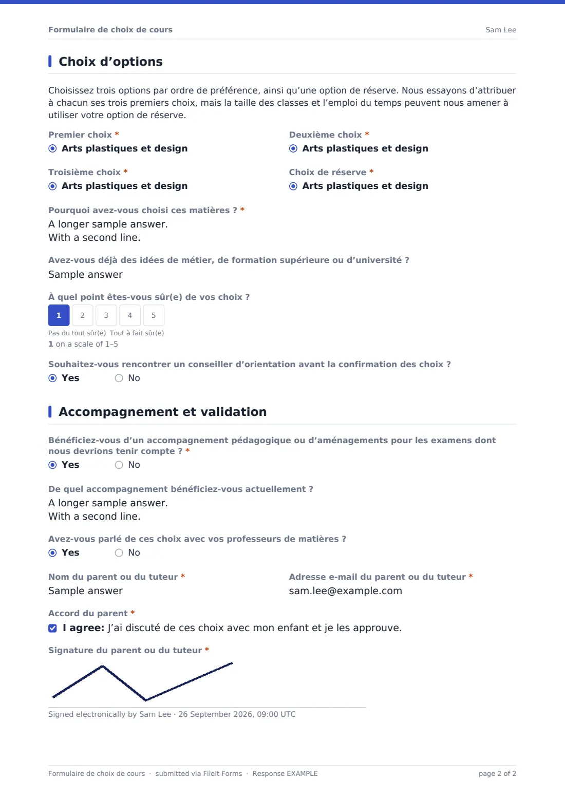 Formulaire de choix de cours — exemple de réponse au format PDF, page 2 sur 2