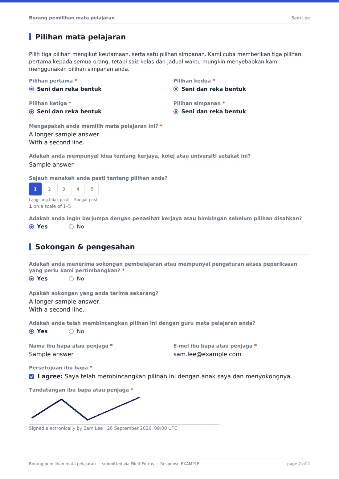 Borang pemilihan mata pelajaran — PDF respons contoh, halaman 2 daripada 2