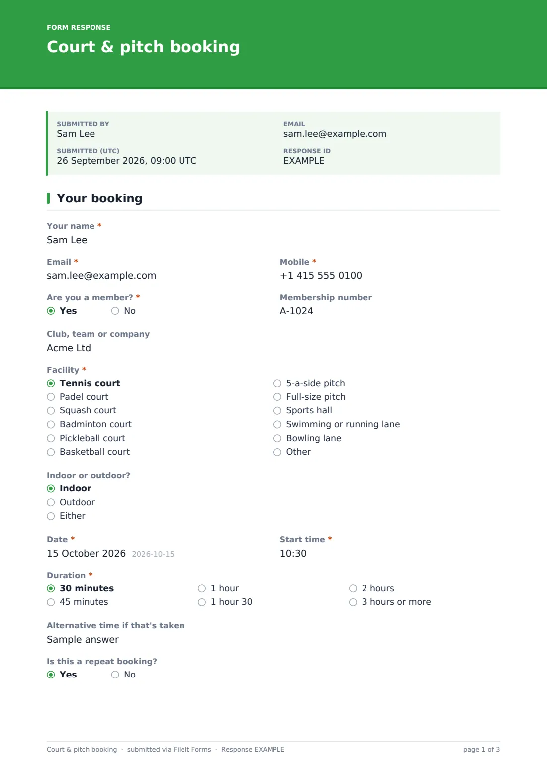 Court & pitch booking — example response PDF, page 1 of 3