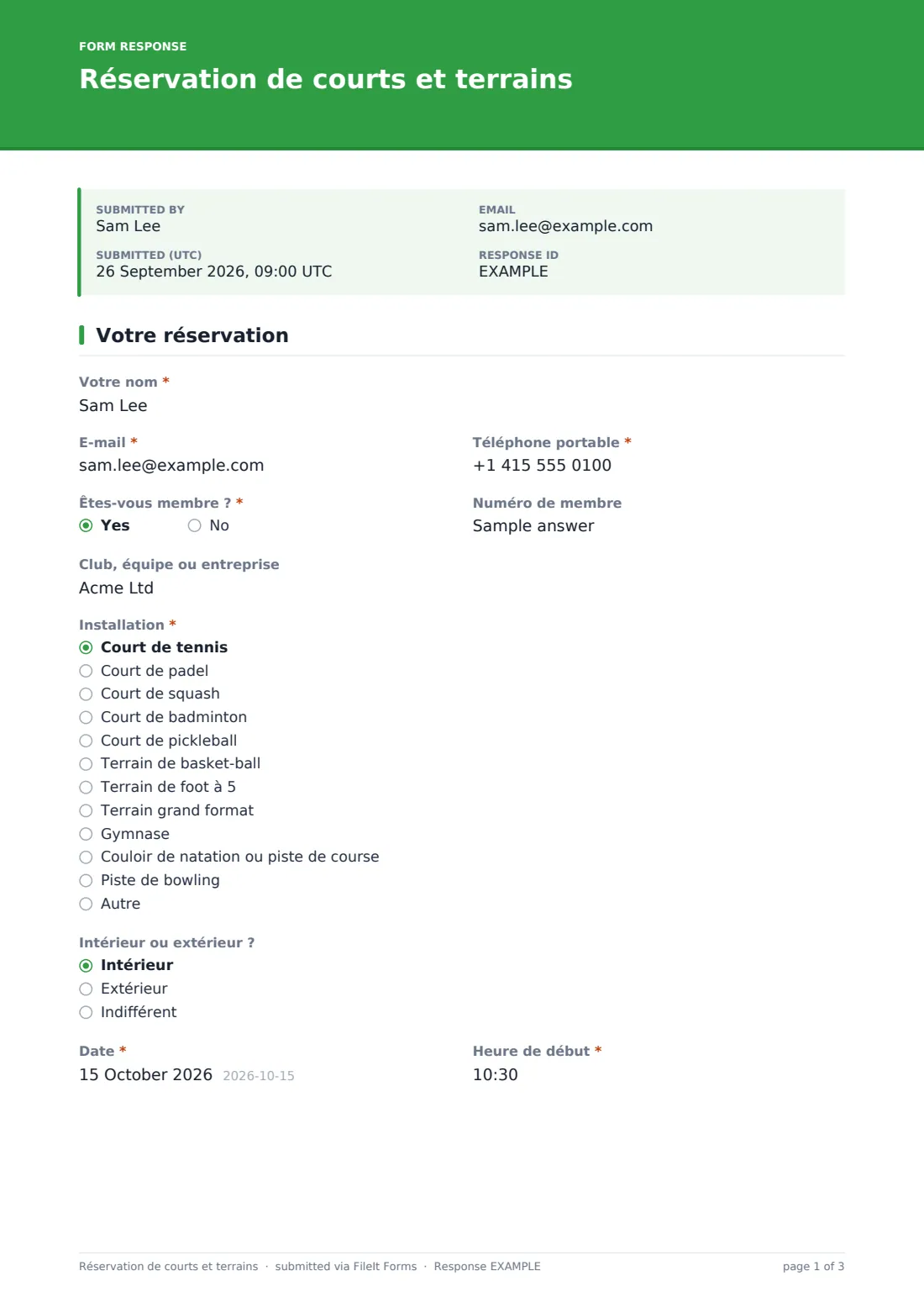 Réservation de courts et terrains — exemple de réponse au format PDF, page 1 sur 3