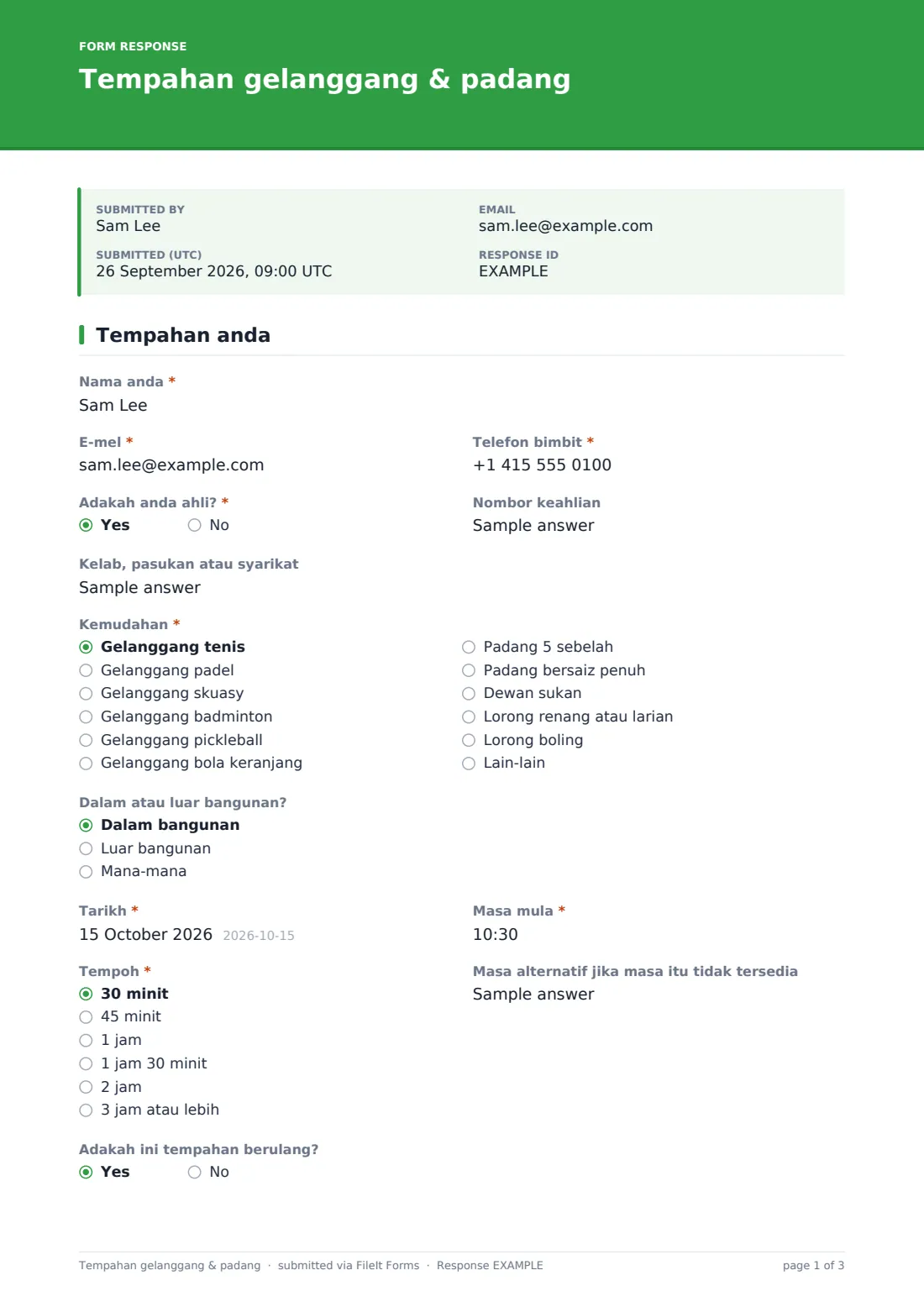 Tempahan gelanggang & padang — PDF respons contoh, halaman 1 daripada 3