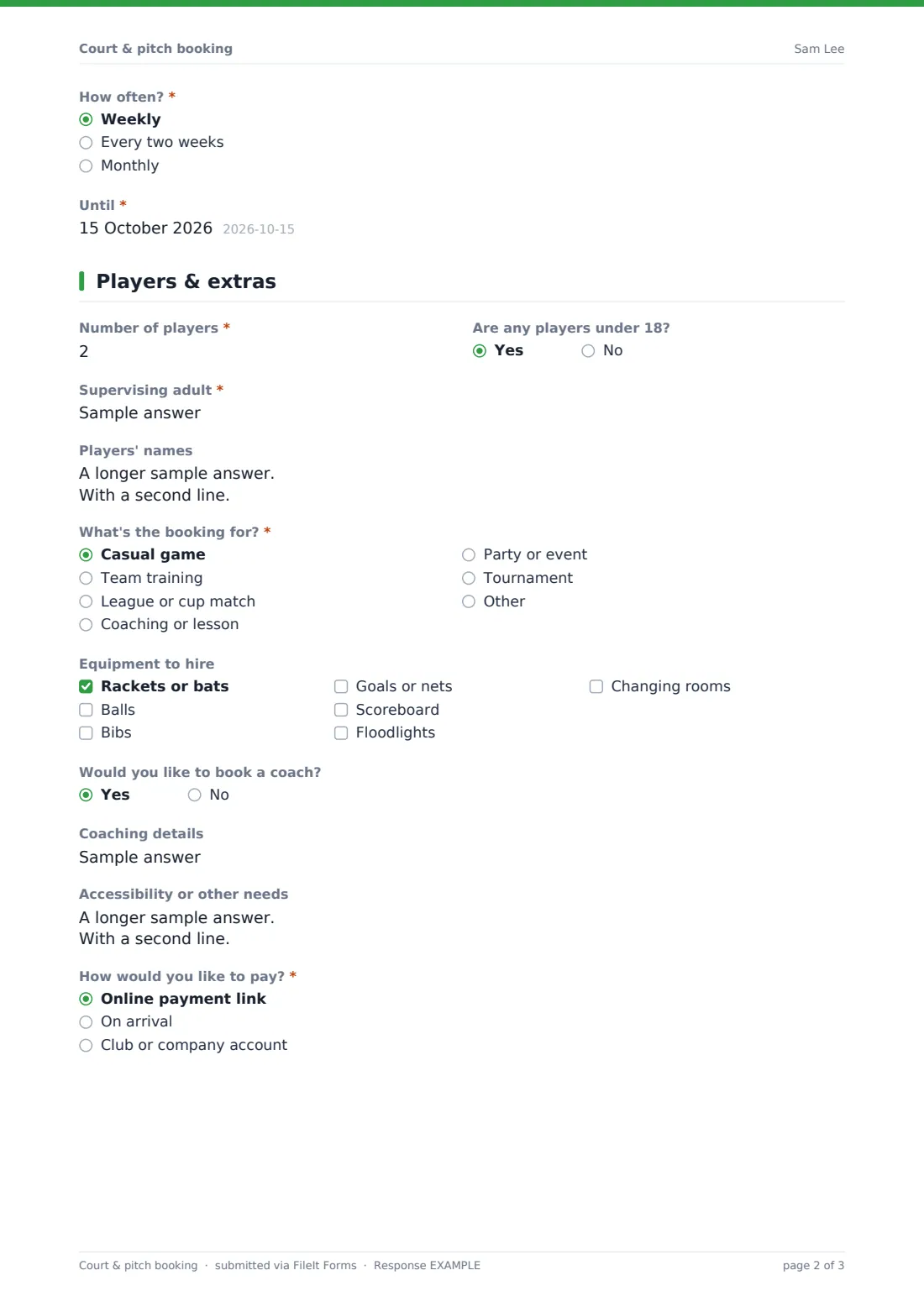 Court & pitch booking — example response PDF, page 2 of 3