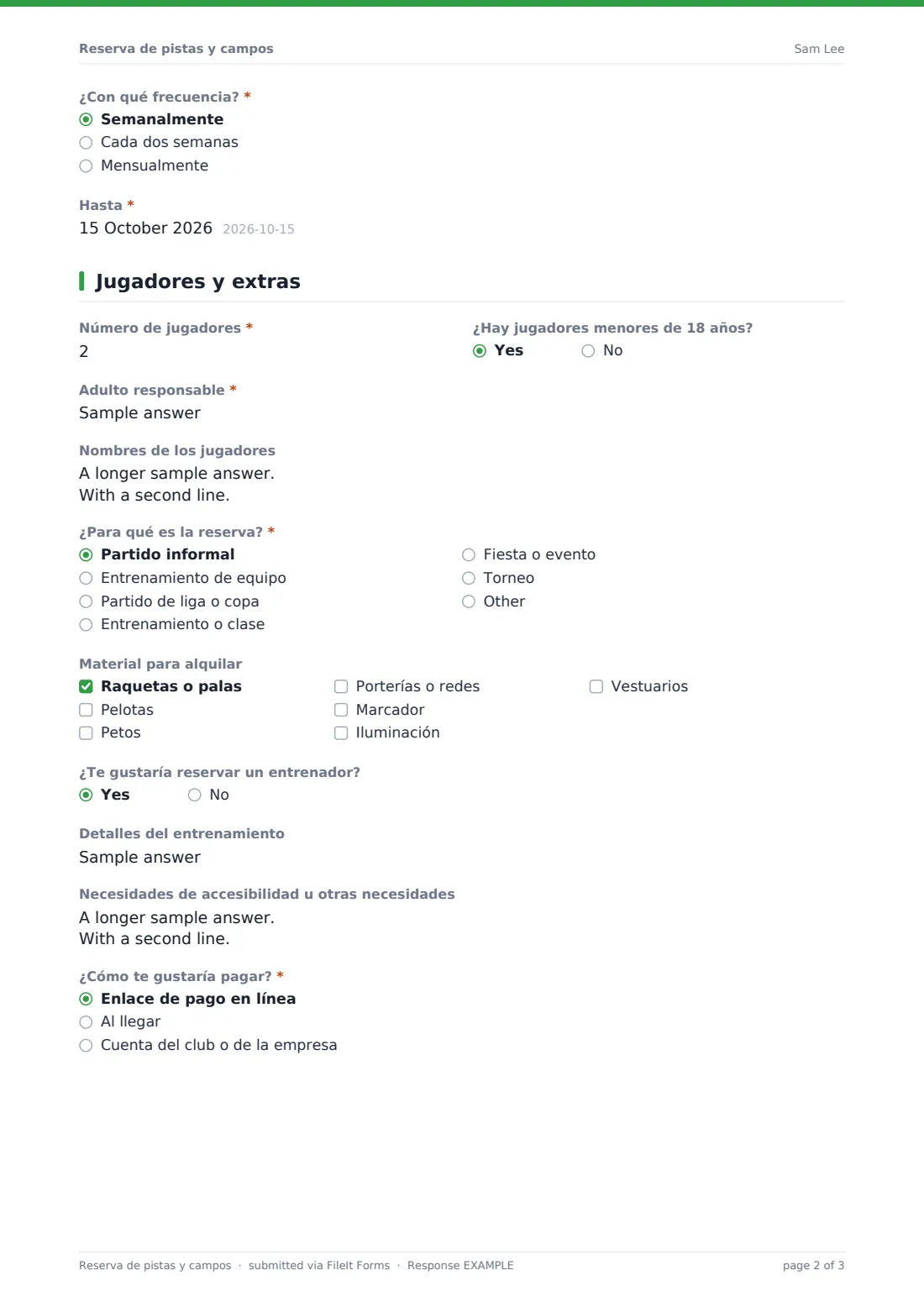 Reserva de pistas y campos — PDF de respuesta de ejemplo, página 2 de 3