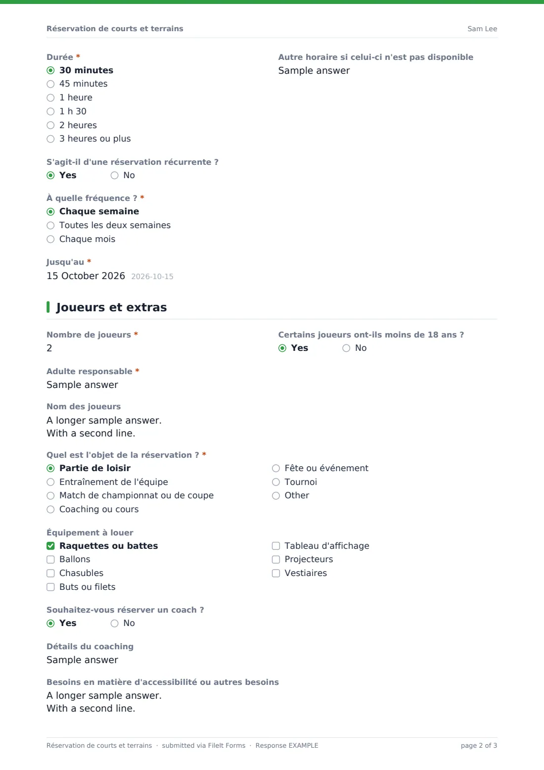 Réservation de courts et terrains — exemple de réponse au format PDF, page 2 sur 3