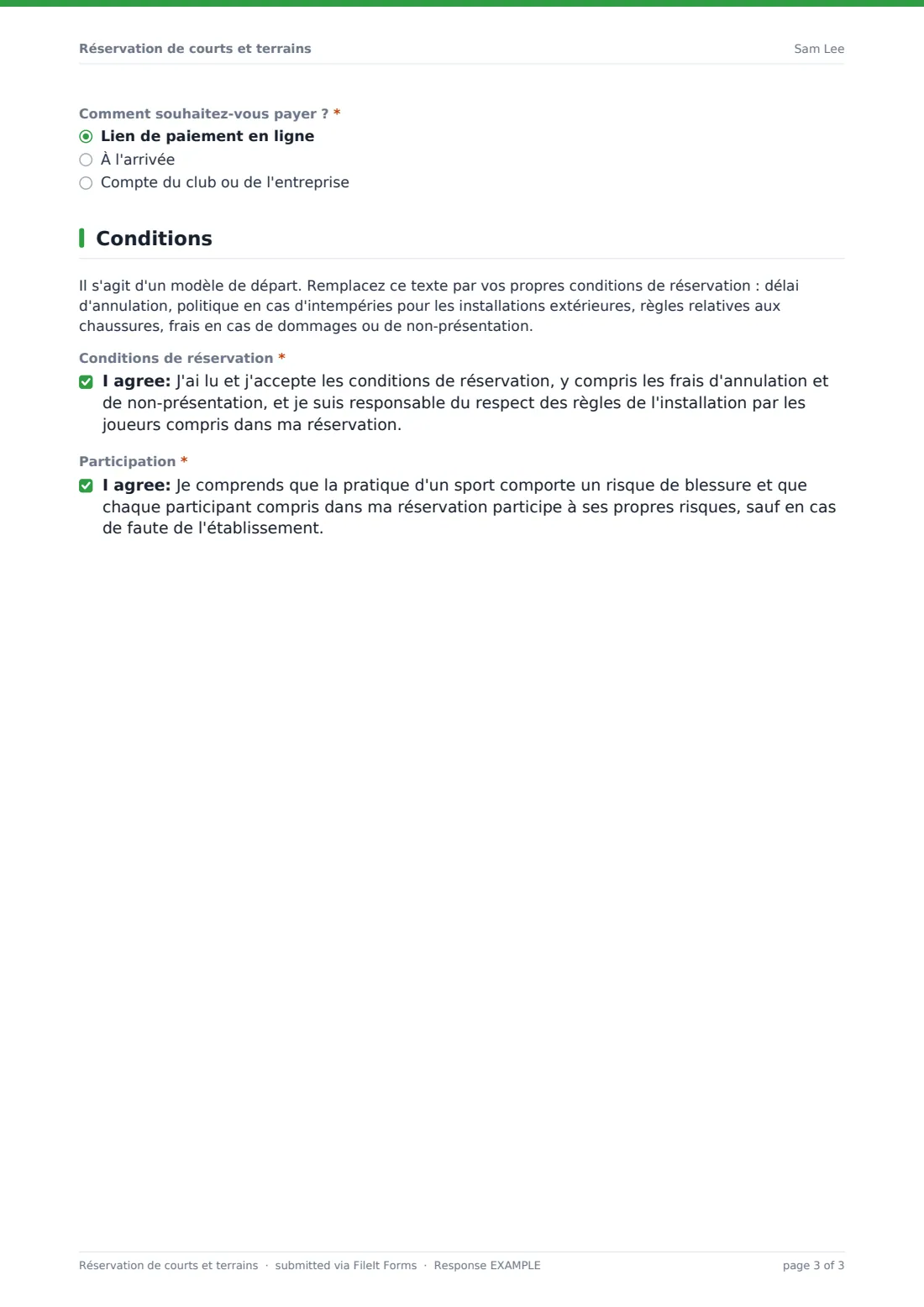 Réservation de courts et terrains — exemple de réponse au format PDF, page 3 sur 3