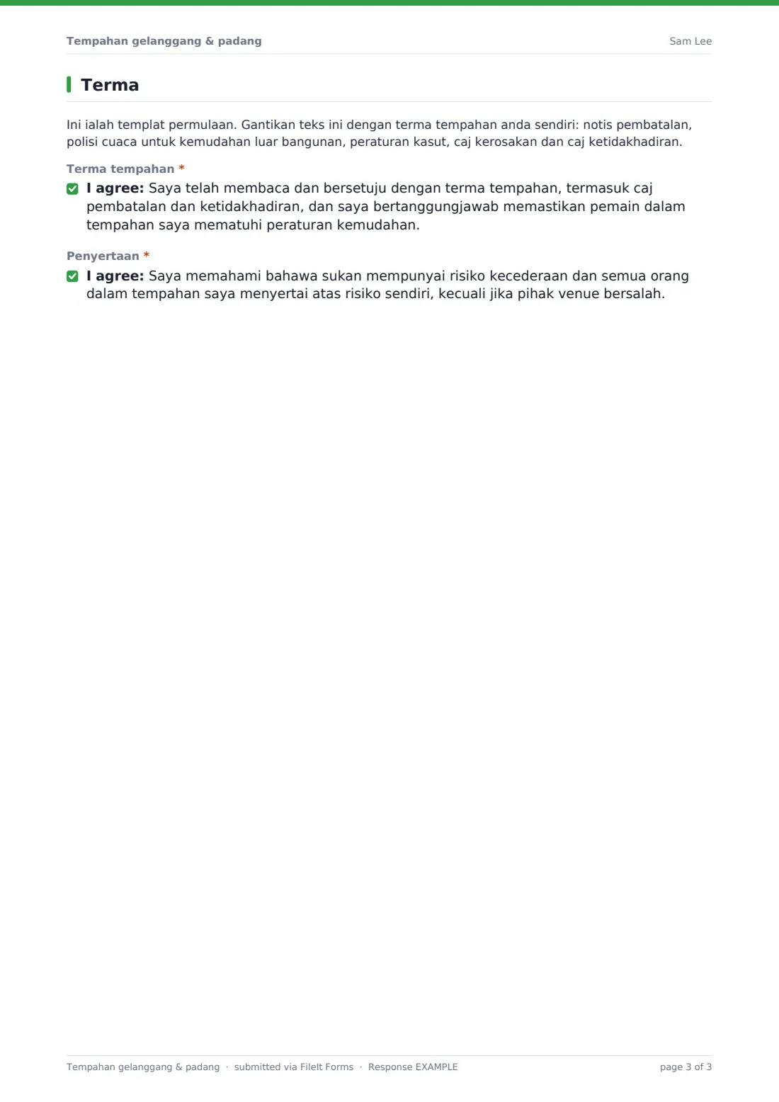 Tempahan gelanggang & padang — PDF respons contoh, halaman 3 daripada 3