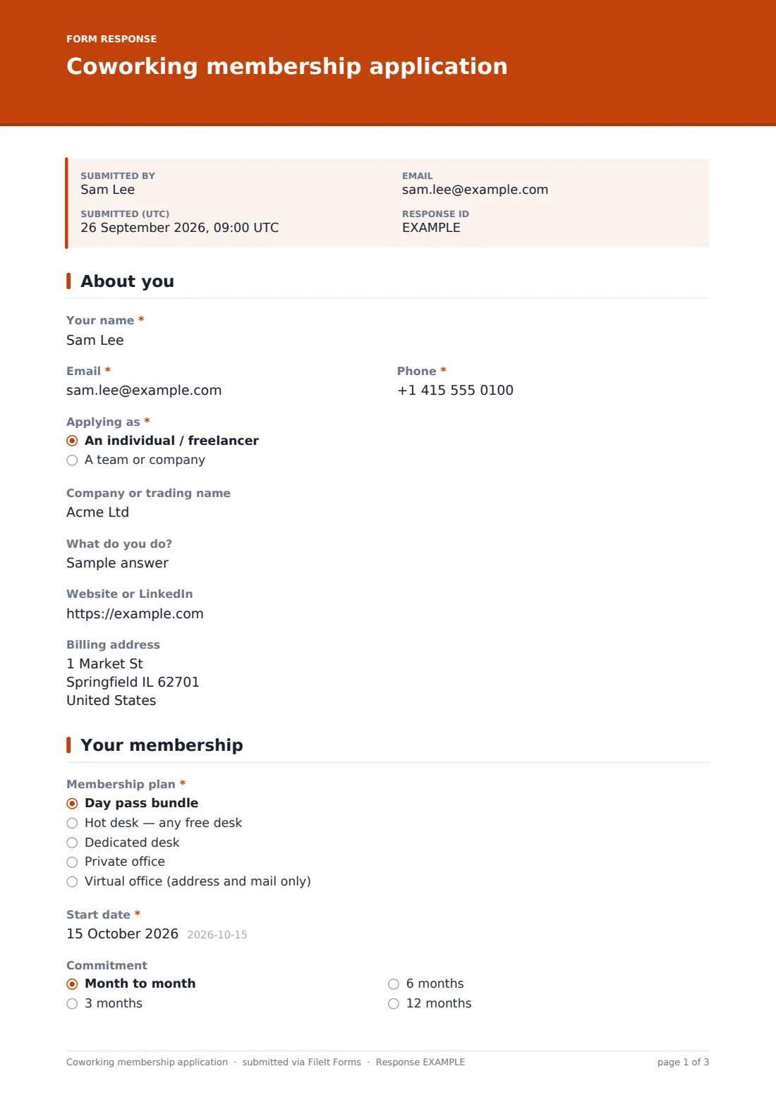 Coworking membership application — example response PDF, page 1 of 3
