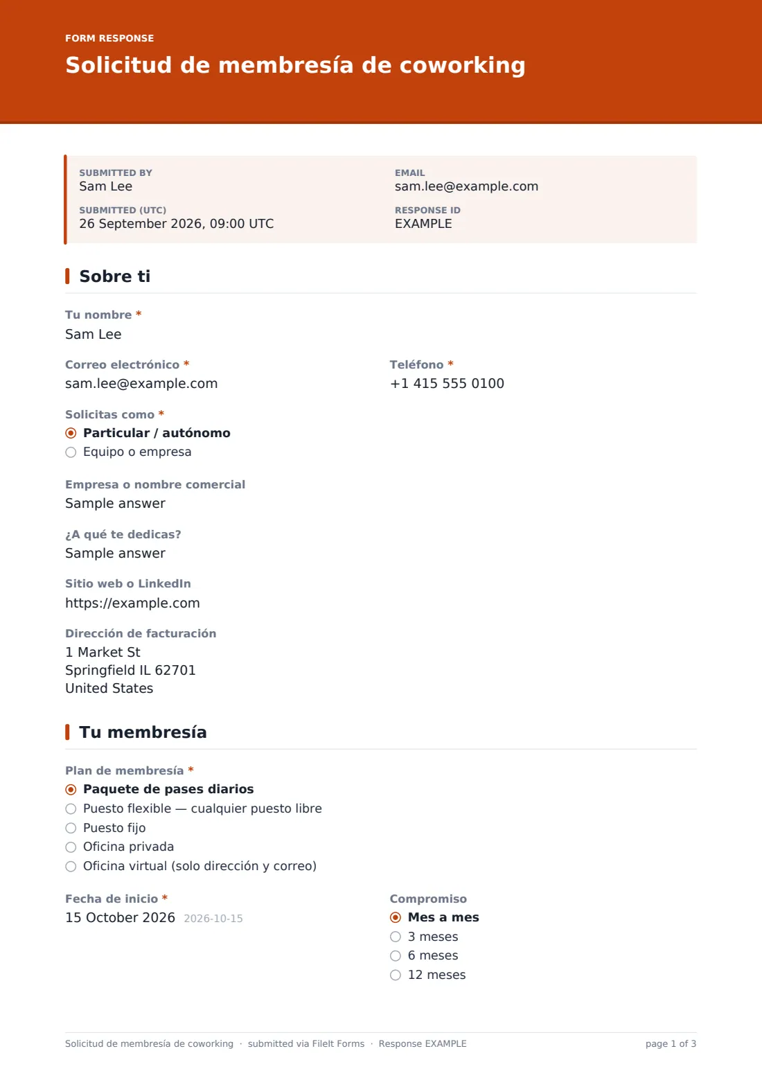 Solicitud de membresía de coworking — PDF de respuesta de ejemplo, página 1 de 3