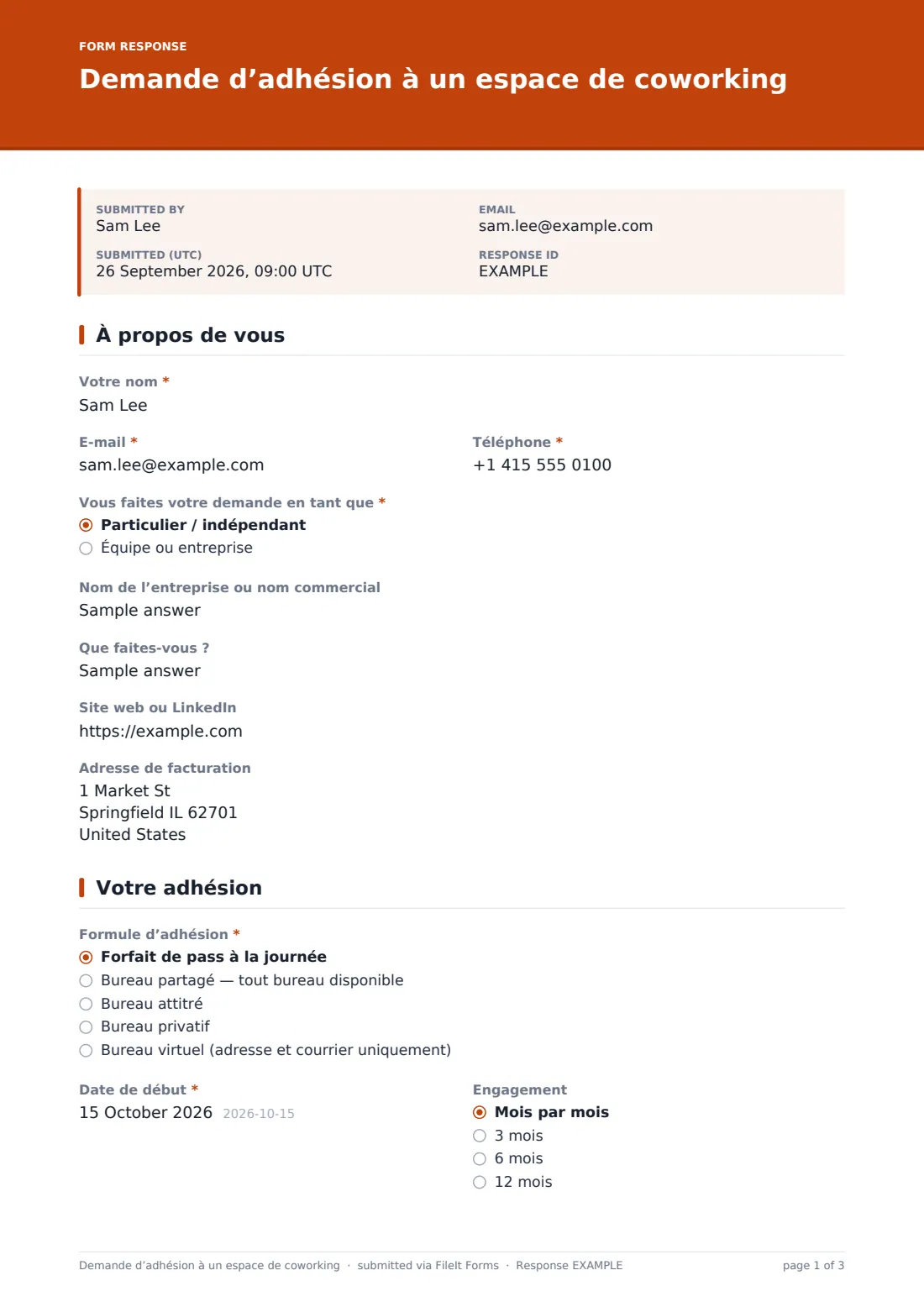 Demande d’adhésion à un espace de coworking — exemple de réponse au format PDF, page 1 sur 3
