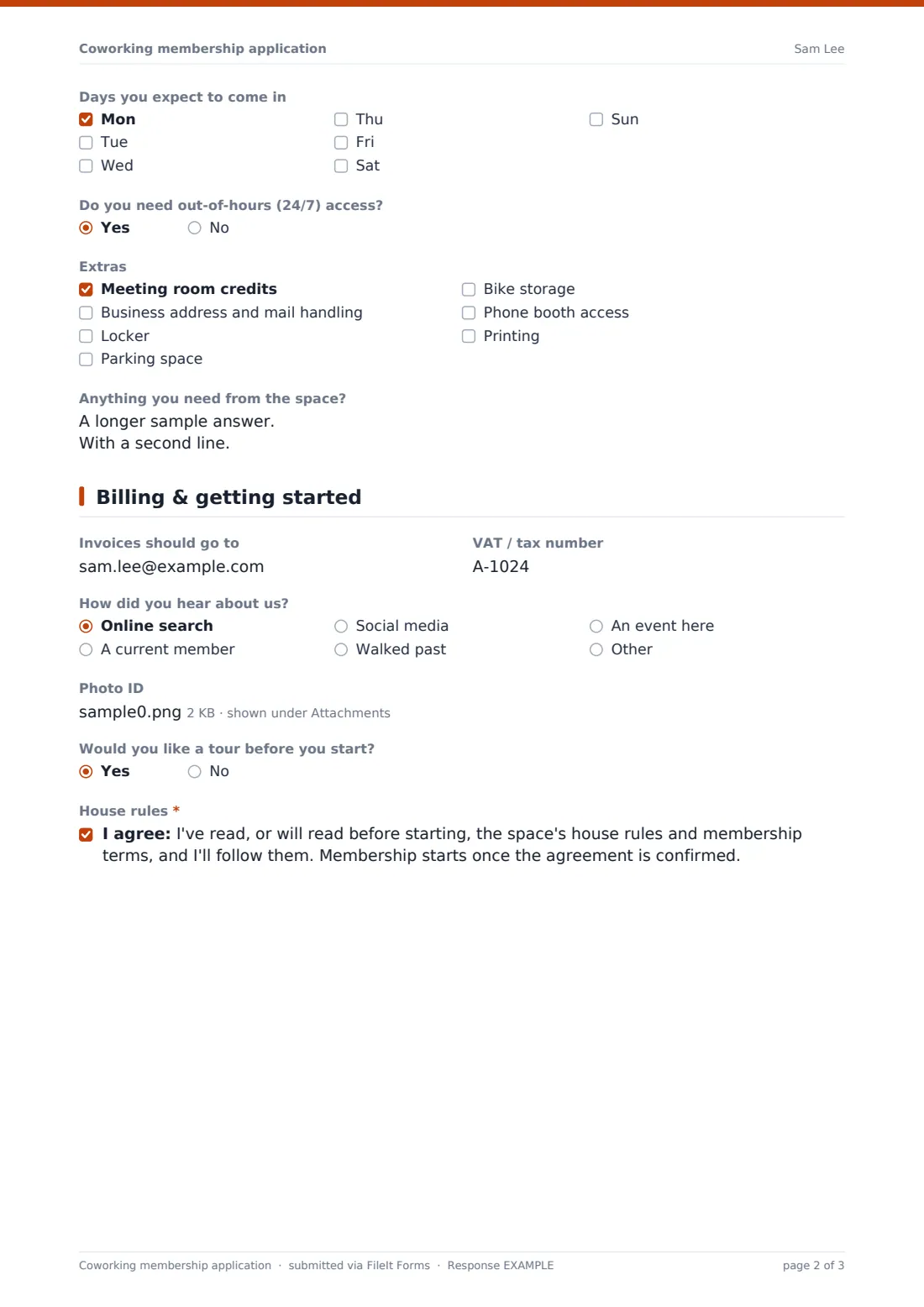 Coworking membership application — example response PDF, page 2 of 3