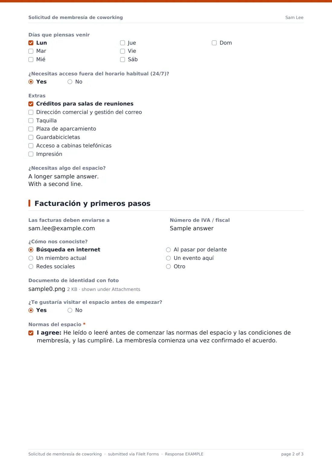 Solicitud de membresía de coworking — PDF de respuesta de ejemplo, página 2 de 3