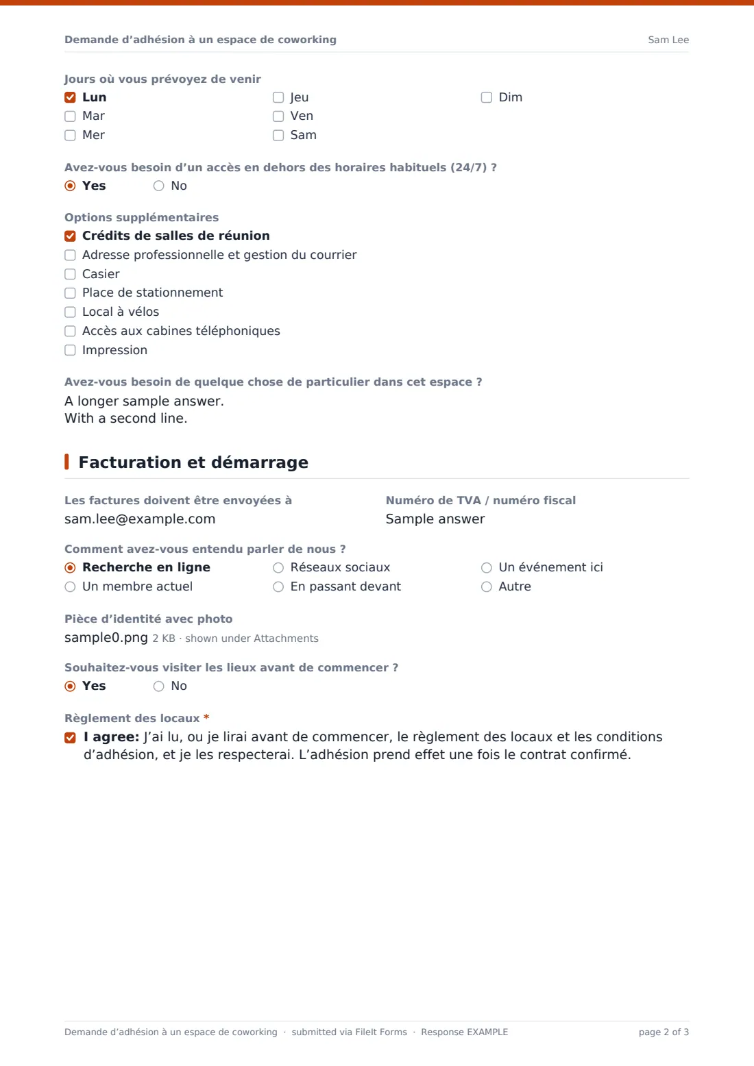 Demande d’adhésion à un espace de coworking — exemple de réponse au format PDF, page 2 sur 3