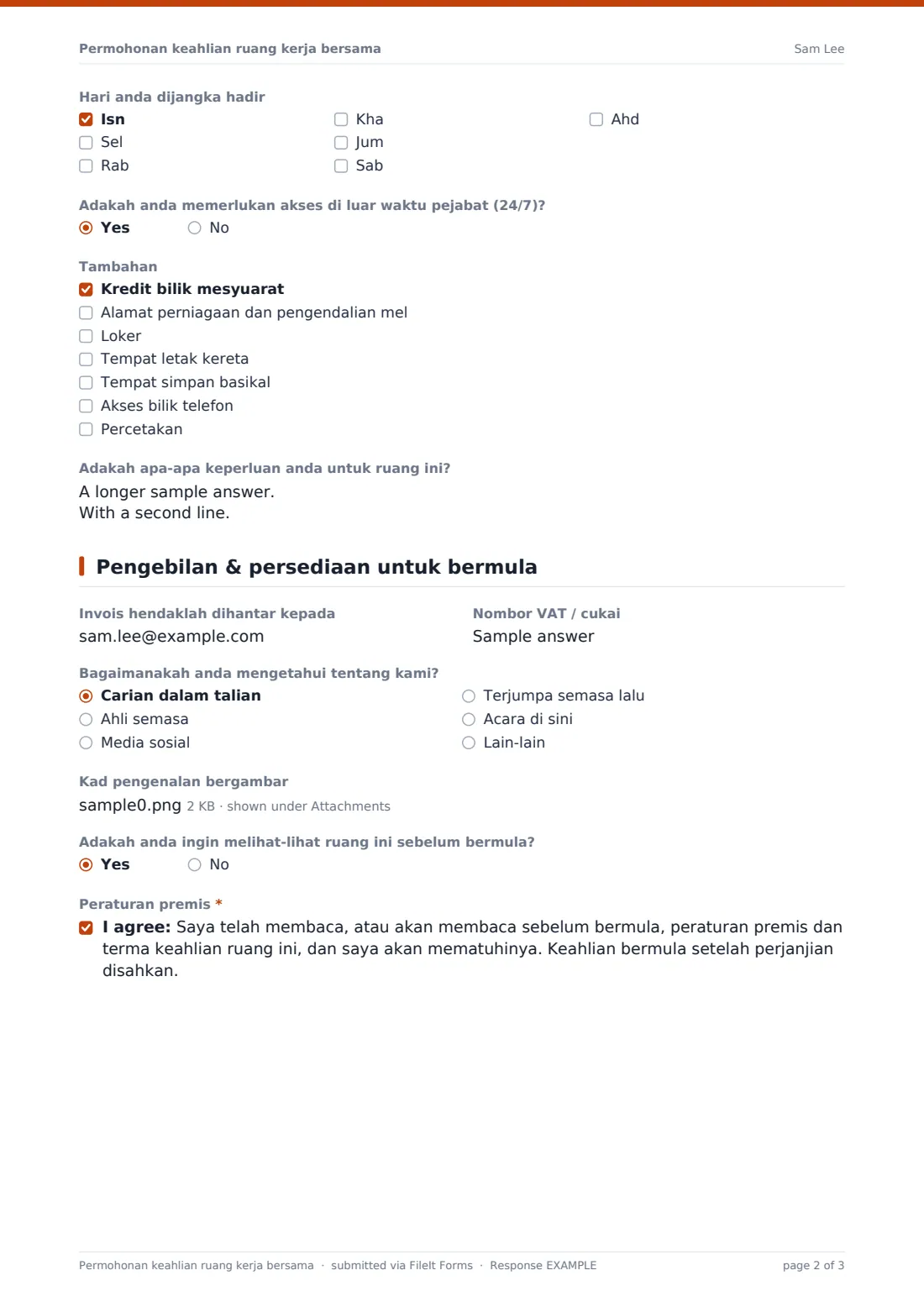 Permohonan keahlian ruang kerja bersama — PDF respons contoh, halaman 2 daripada 3
