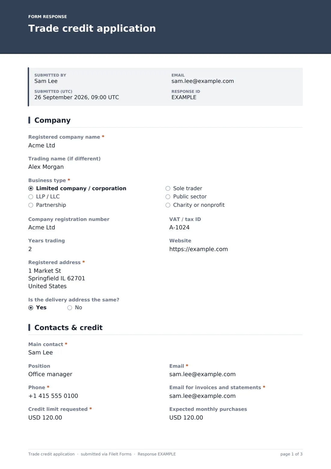 Trade credit application — example response PDF, page 1 of 3