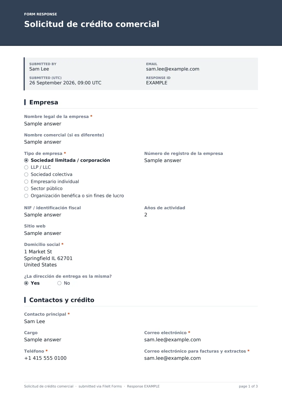Solicitud de crédito comercial — PDF de respuesta de ejemplo, página 1 de 3