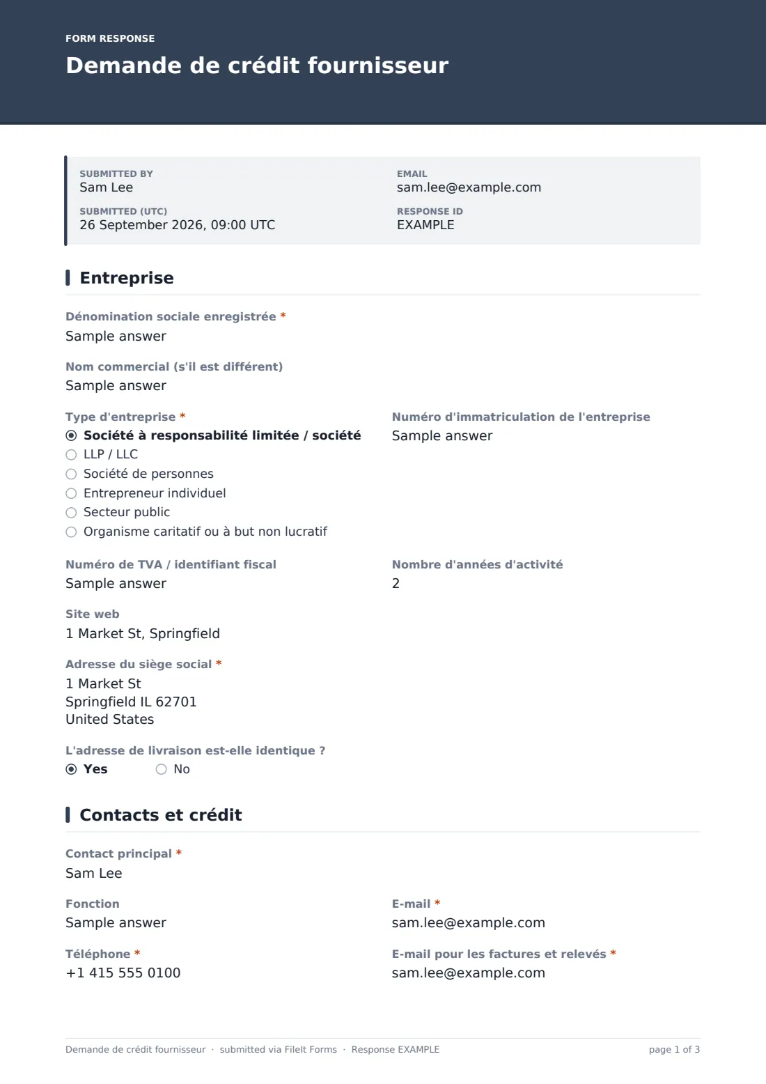 Demande de crédit fournisseur — exemple de réponse au format PDF, page 1 sur 3