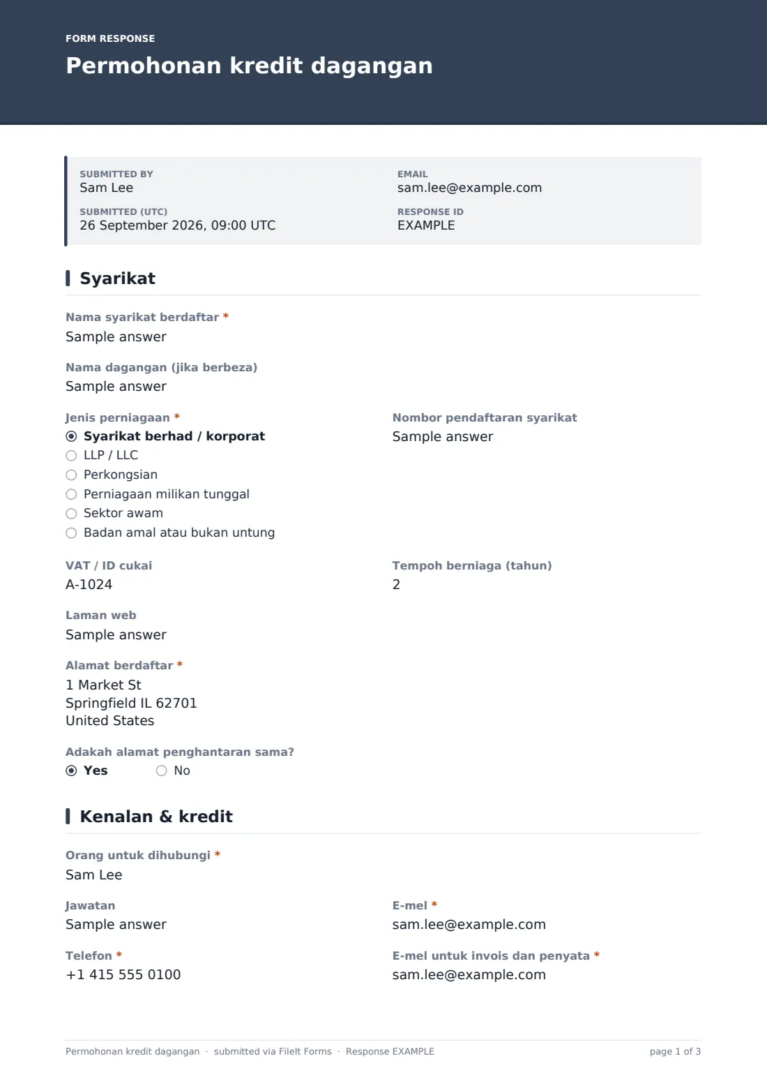 Permohonan kredit dagangan — PDF respons contoh, halaman 1 daripada 3