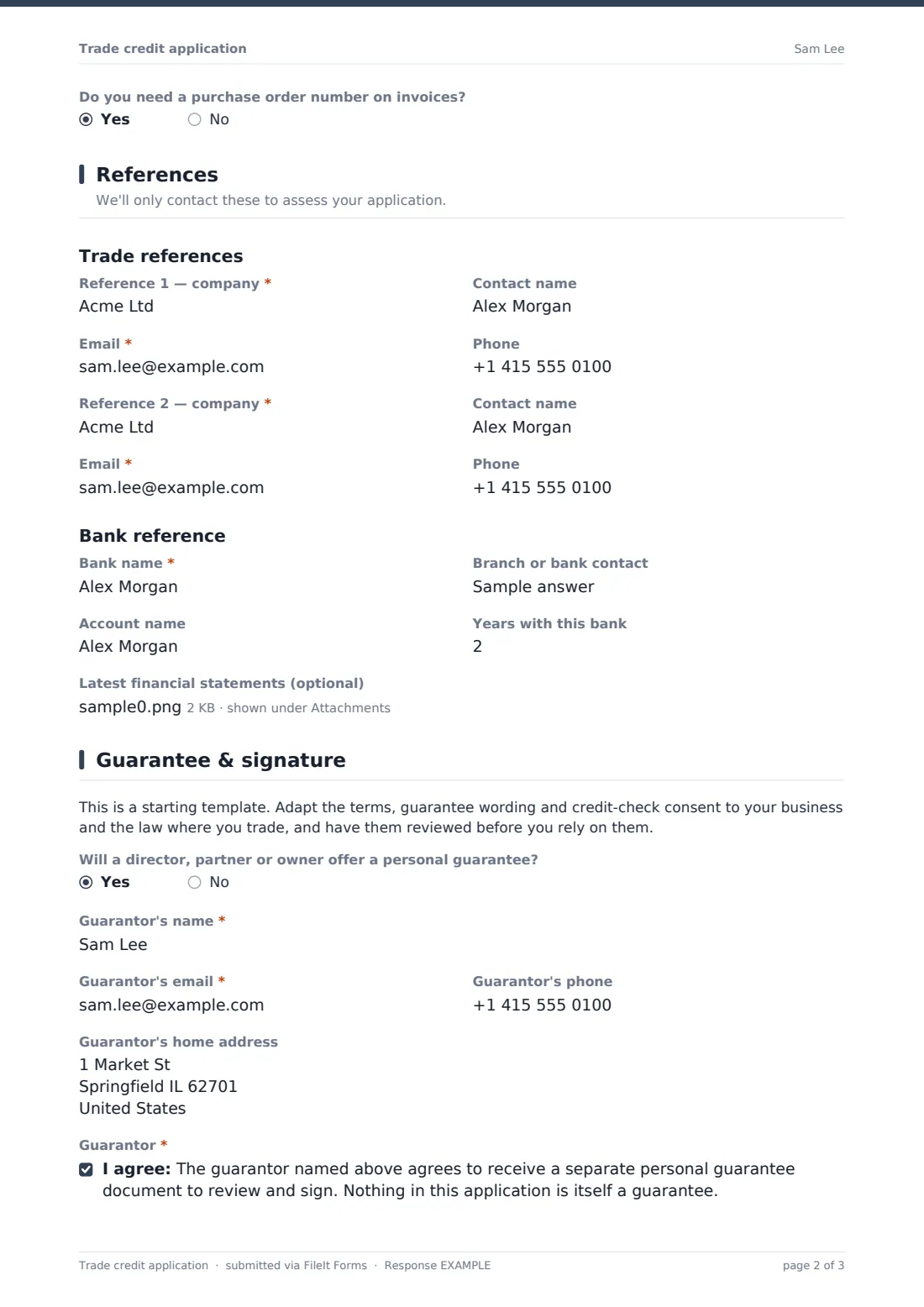 Trade credit application — example response PDF, page 2 of 3