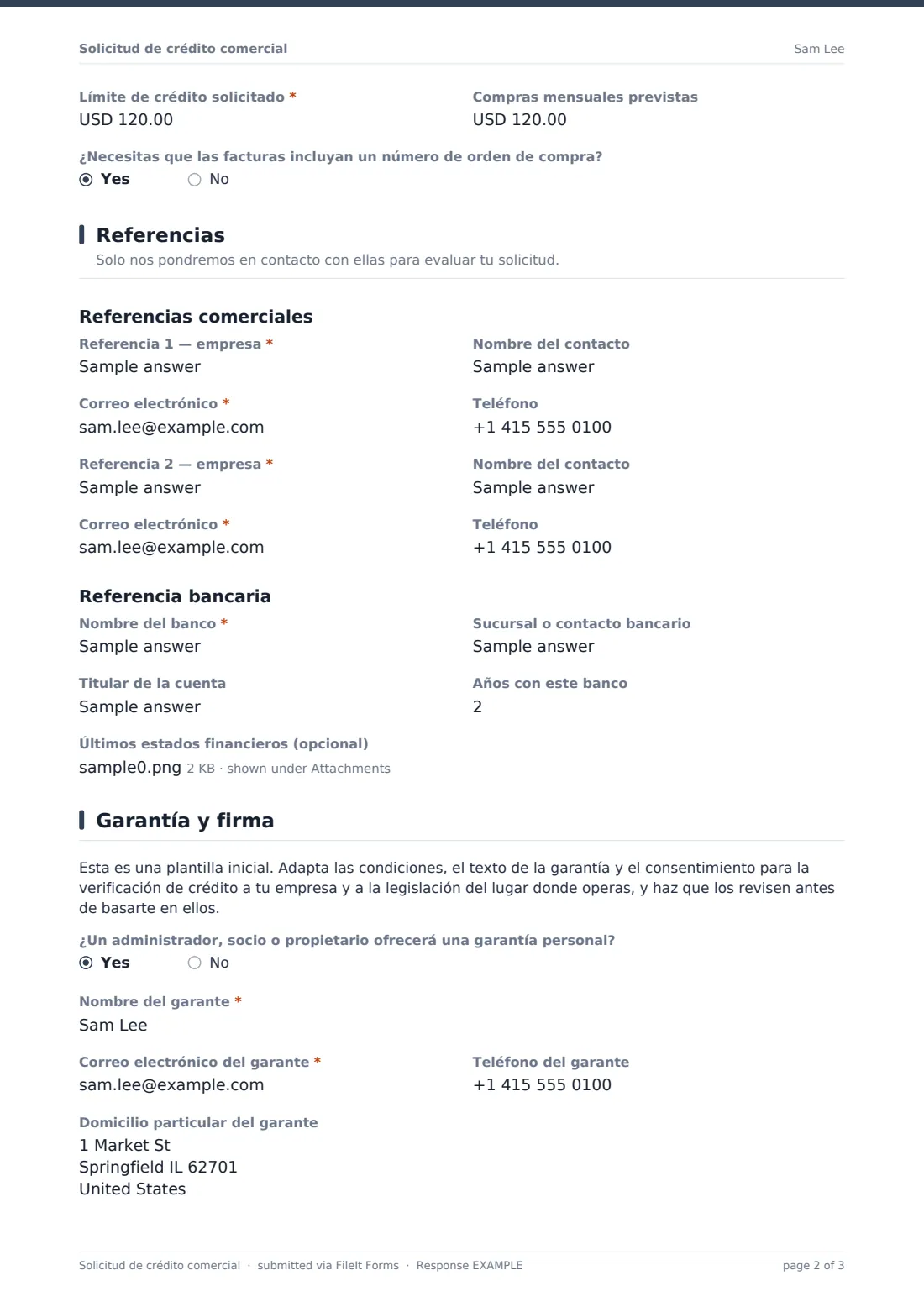 Solicitud de crédito comercial — PDF de respuesta de ejemplo, página 2 de 3